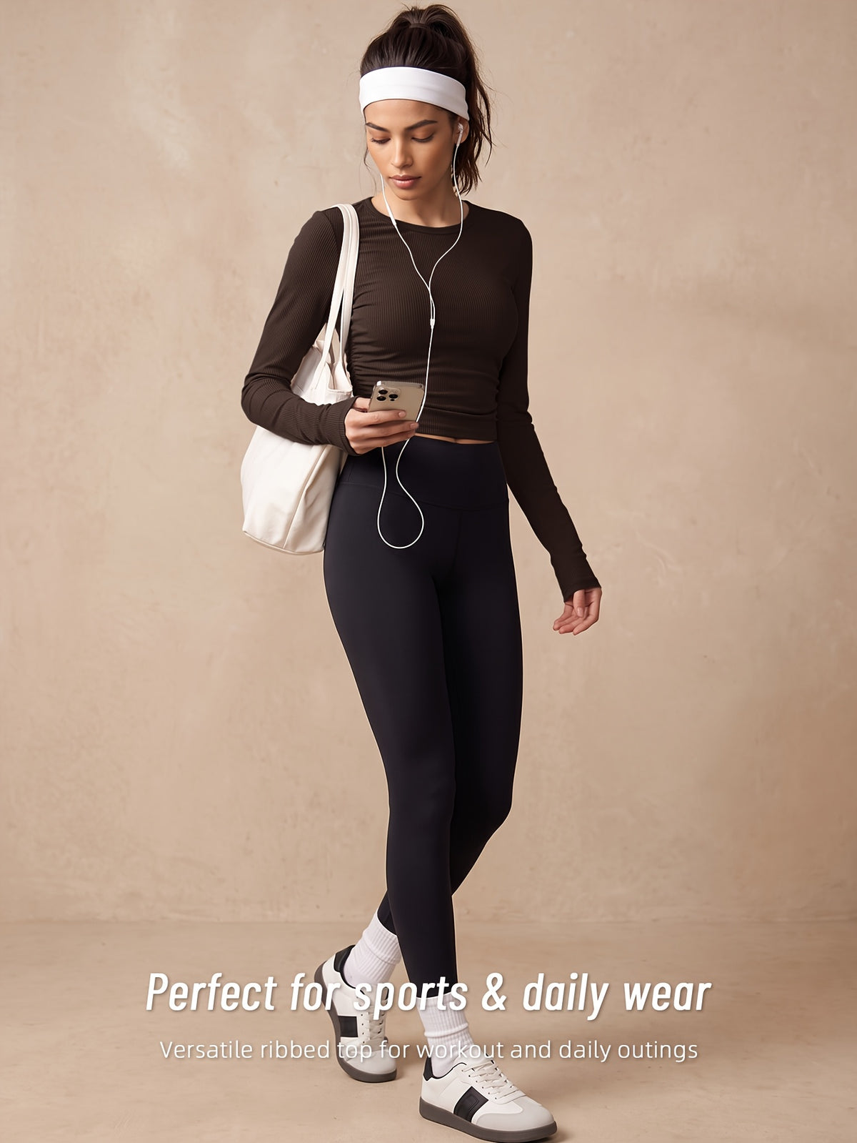 Striped Side Gather Long Sleeve Top - Coffee