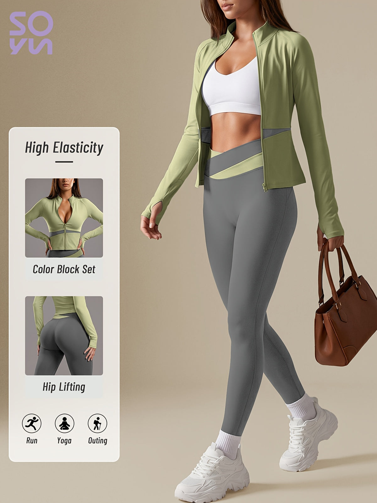 Color Block Cardigan Jacket & Slim Pants Set - Light Green & Grey