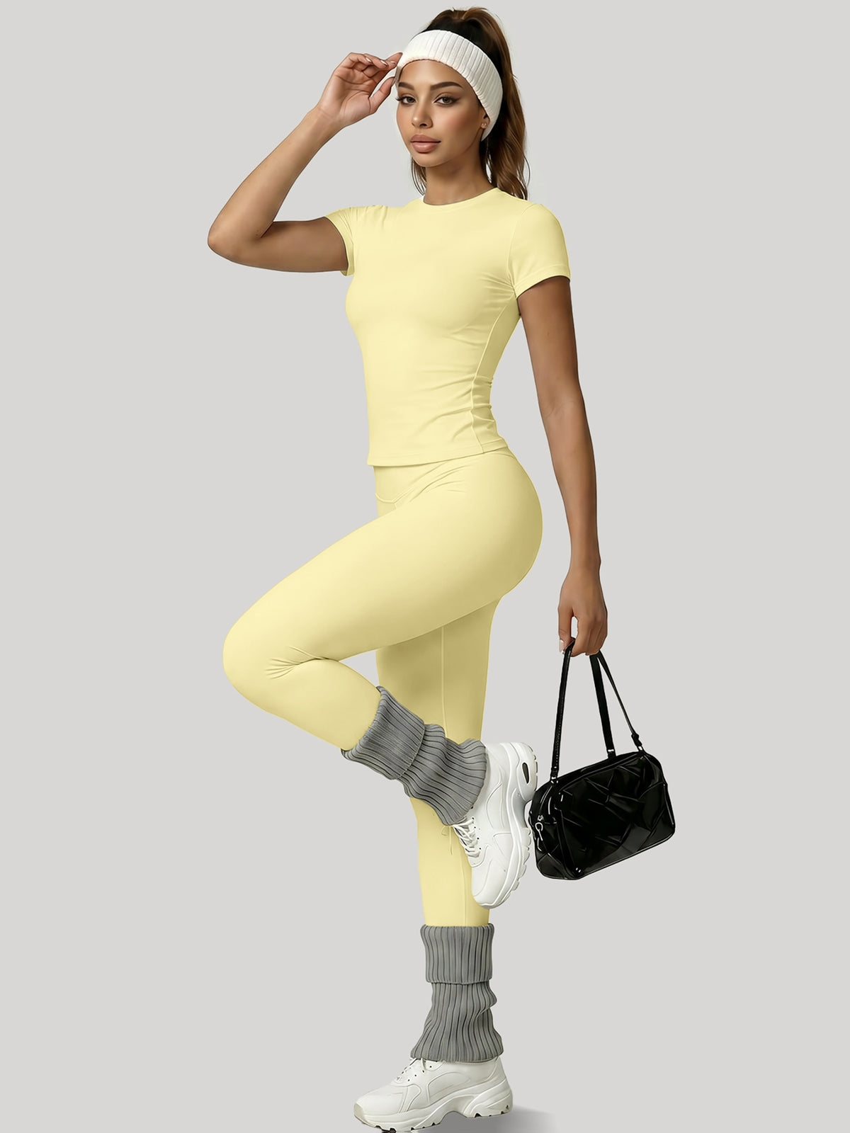 Round Neck Top & Tummy Tuck Leggings Set - Yellow