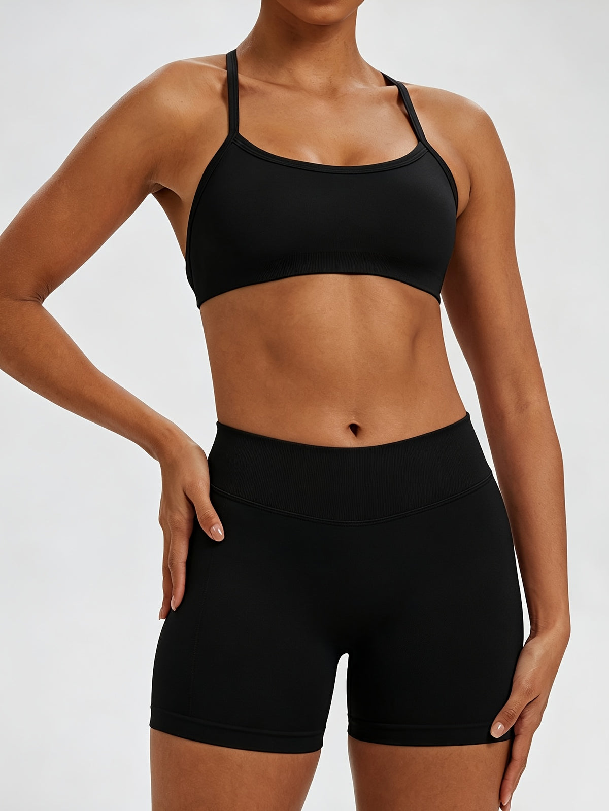 Cross Back Seamless Bra & Shorts Set - Black