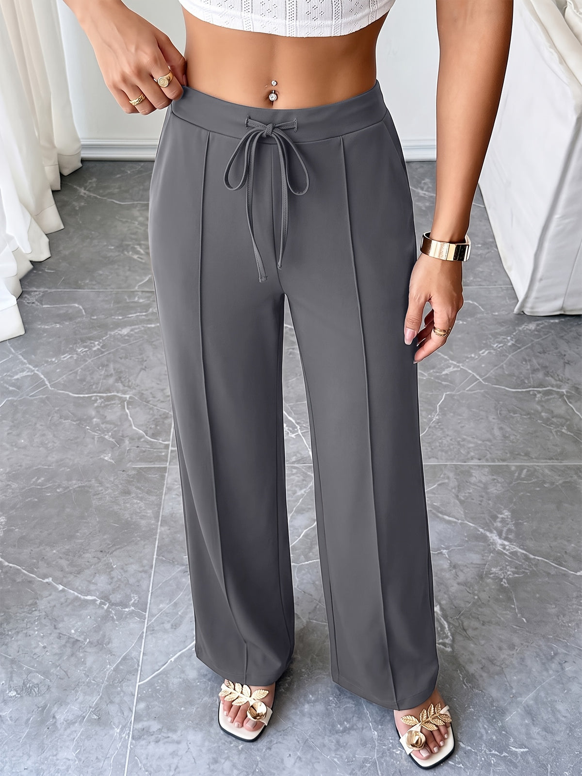 Drawstring Flowy Wide Leg Pants - Grey