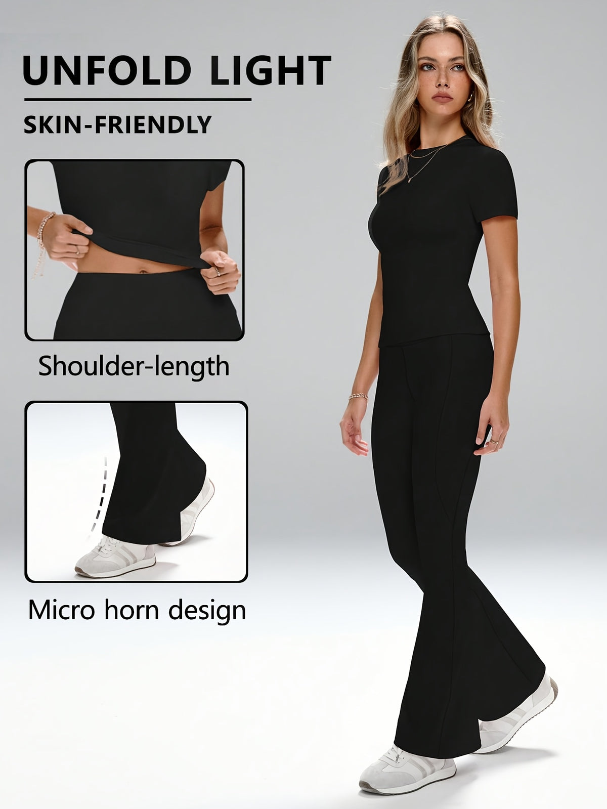 Short Sleeve Top & Flare Pants Set - Black