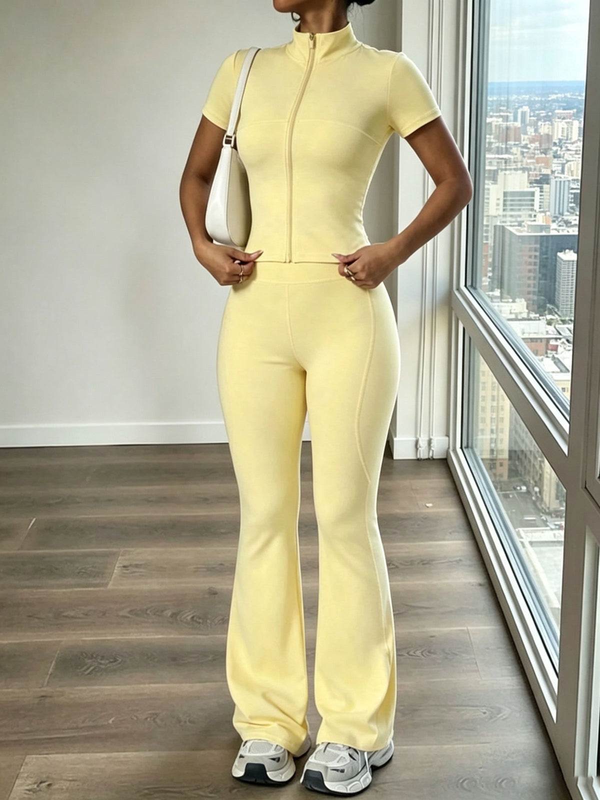 Thumb Loop Zip Jacket & Flare Pants Set - Bright Yellow