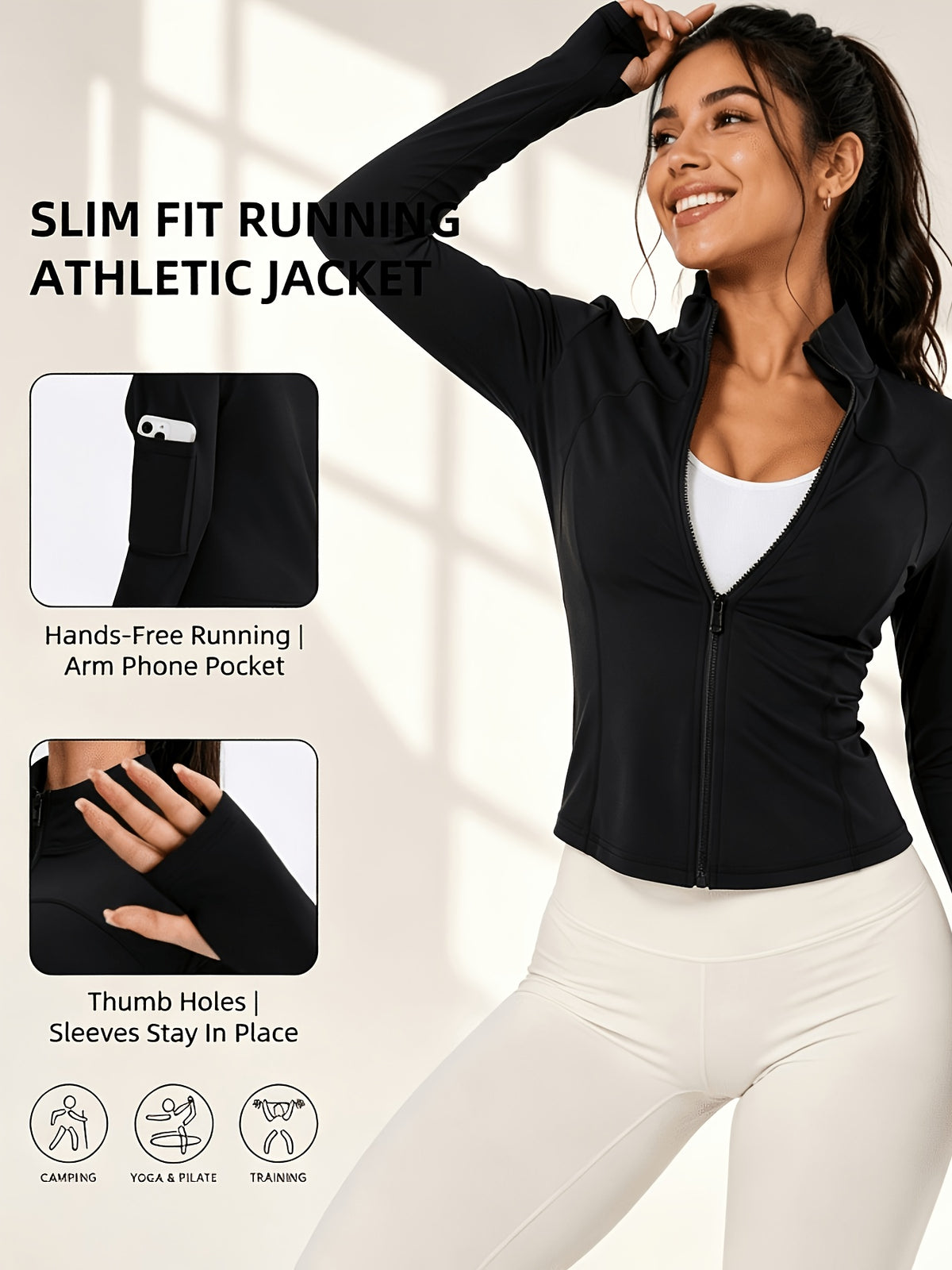 Thumbhole Running Jacket With Arm Pocket - Black