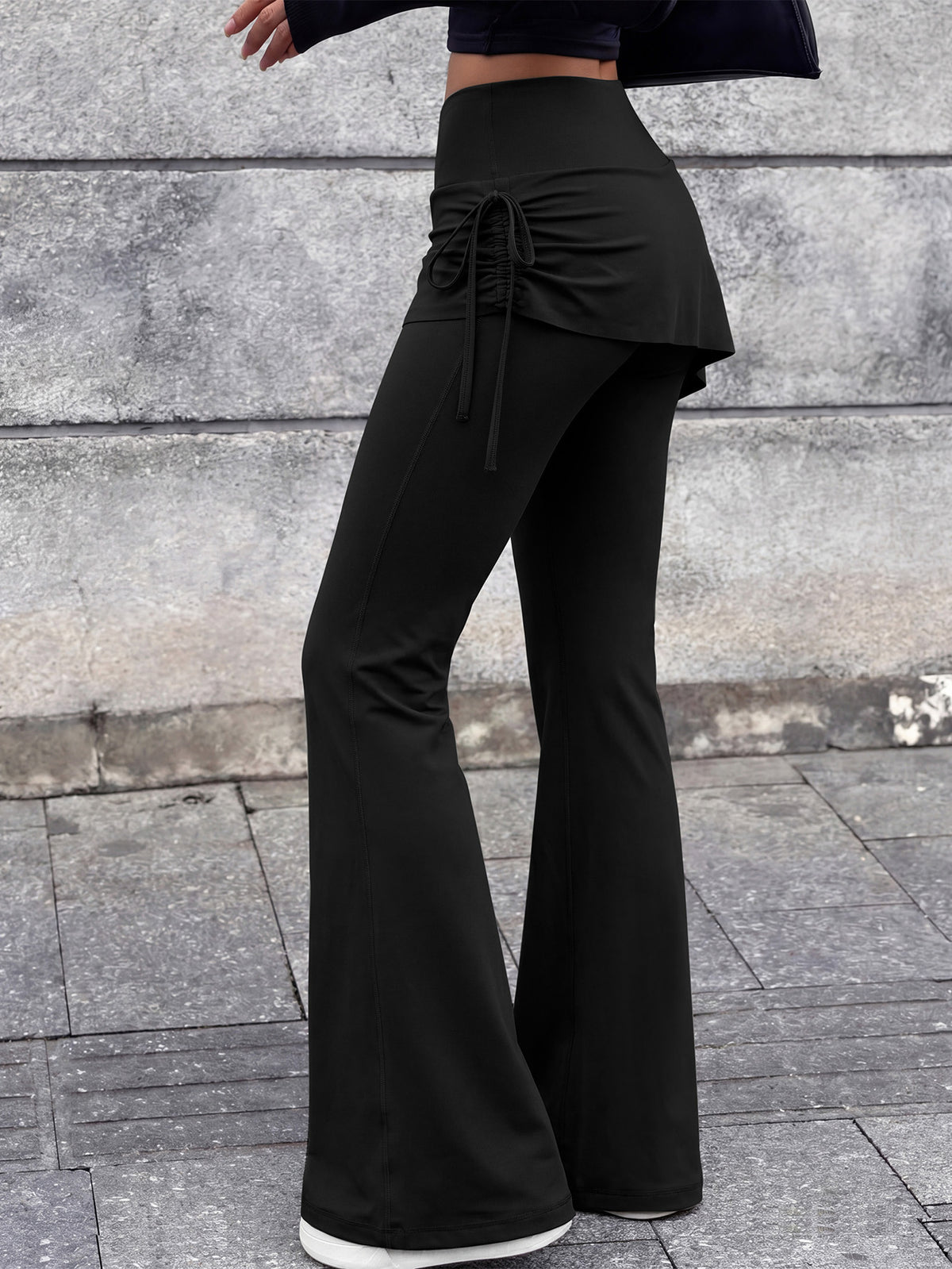 High Waist Drawstring Flare Skort - Black