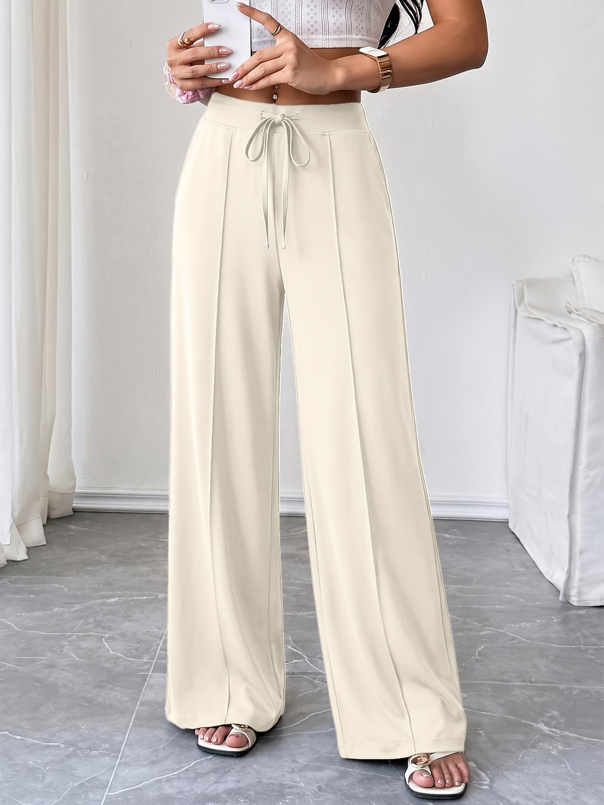 Drawstring Flowy Wide Leg Pants - Milky