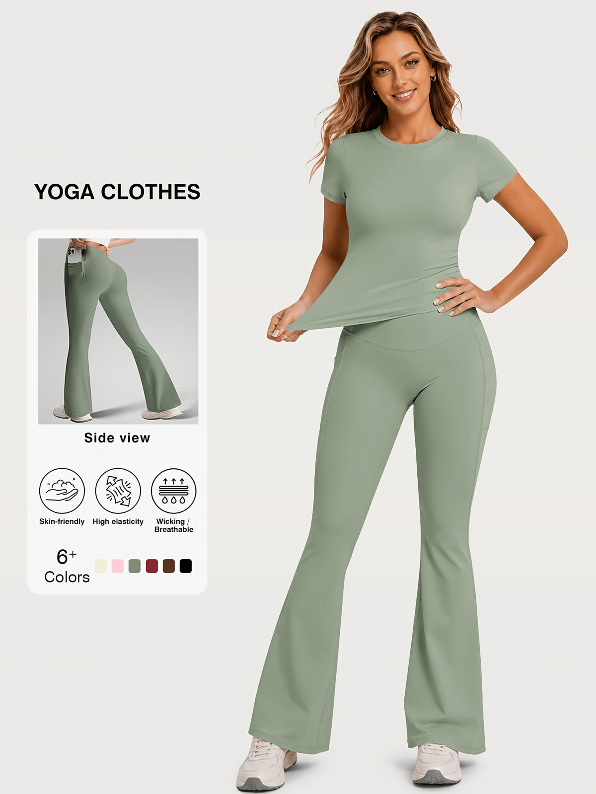 Fitted Tee & Flare Pants Set - Sage Green