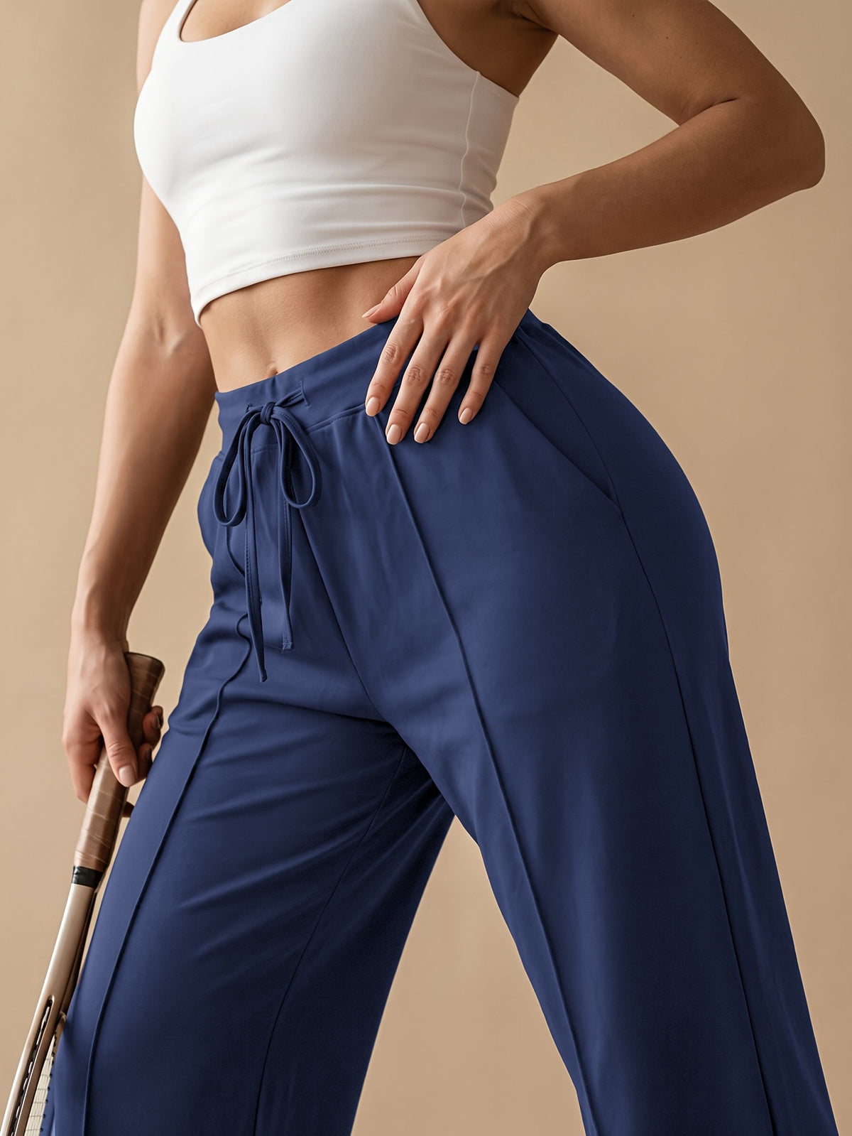 Drawstring Wide Leg Pocket Yoga Pants - Navy