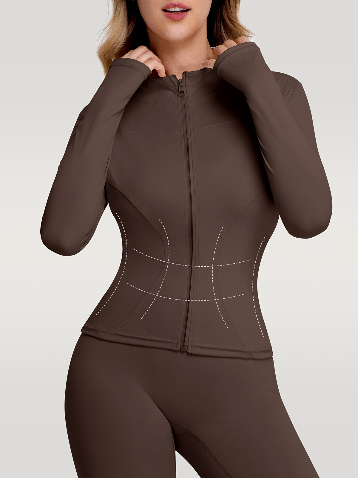 Figure Hugging Jacket & Pants Set - Brown