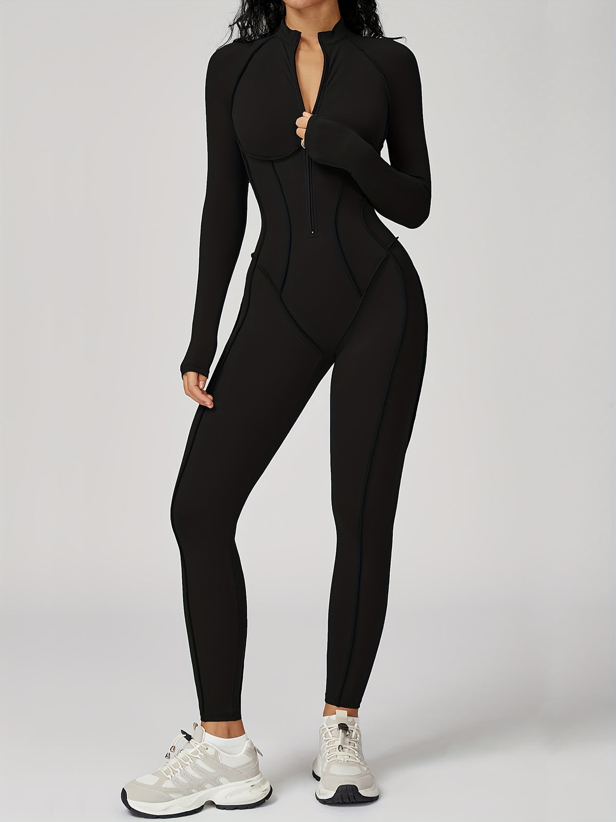 Half Zip Long Sleeve Jumpsuit - Black