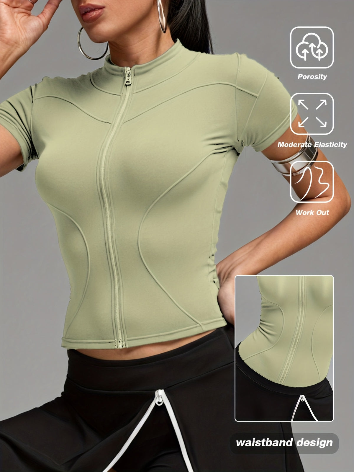 Short Sleeve Cropped Zip Jacket - Sage Green