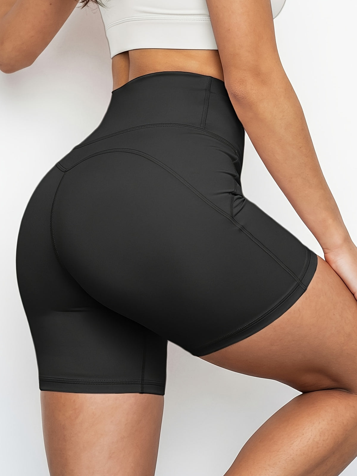 Back Pocket High Waist Biker Shorts - Black