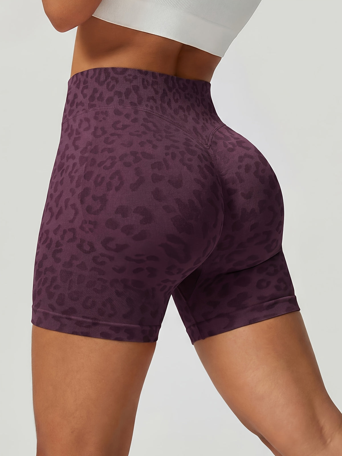 Leopard Seamless Ribbed Biker Shorts - Plum