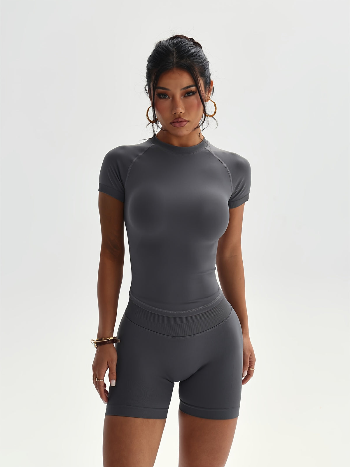 Fitted Short Sleeve Top & Shorts Set - Grey