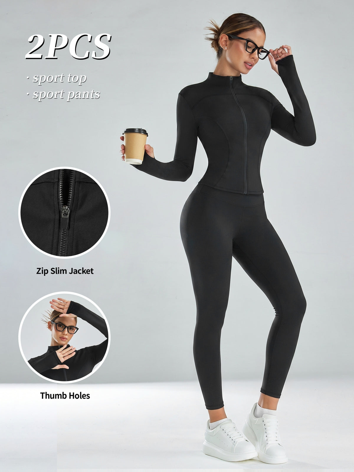 Mock Neck Track Jacket & Leggings Set - Black