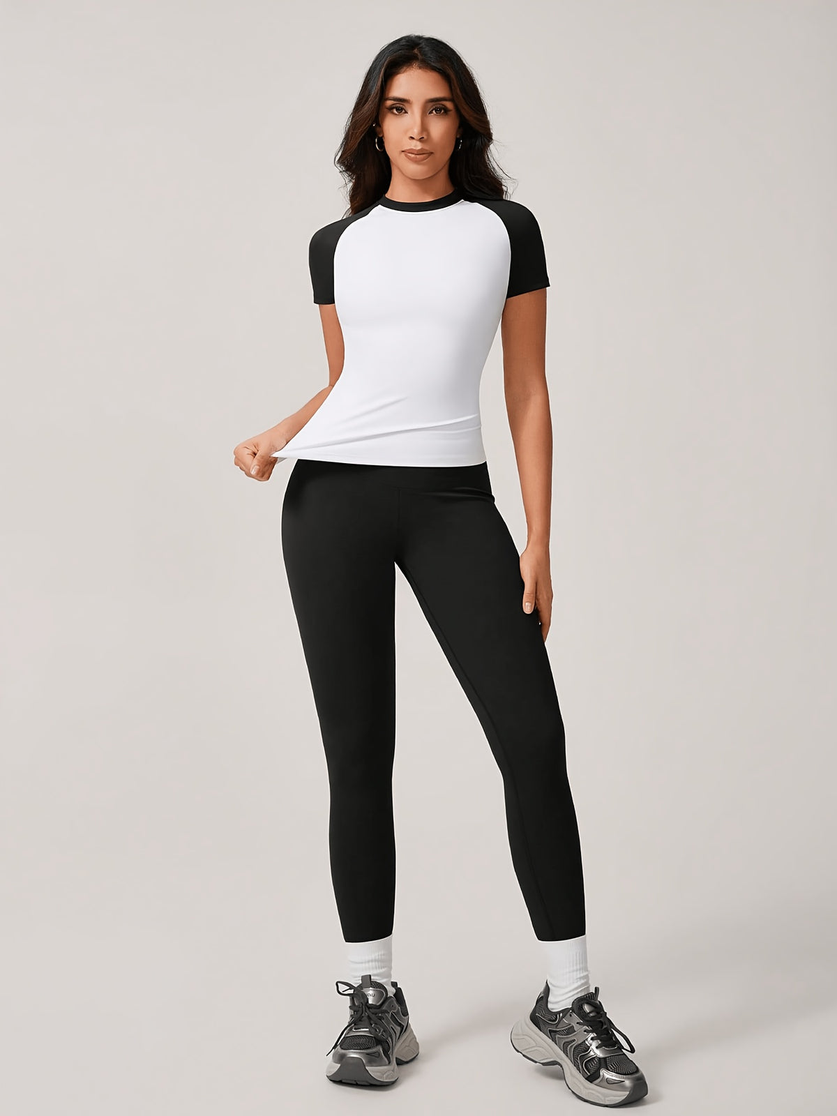 Colour Block Tee & Leggings Set - Black & White
