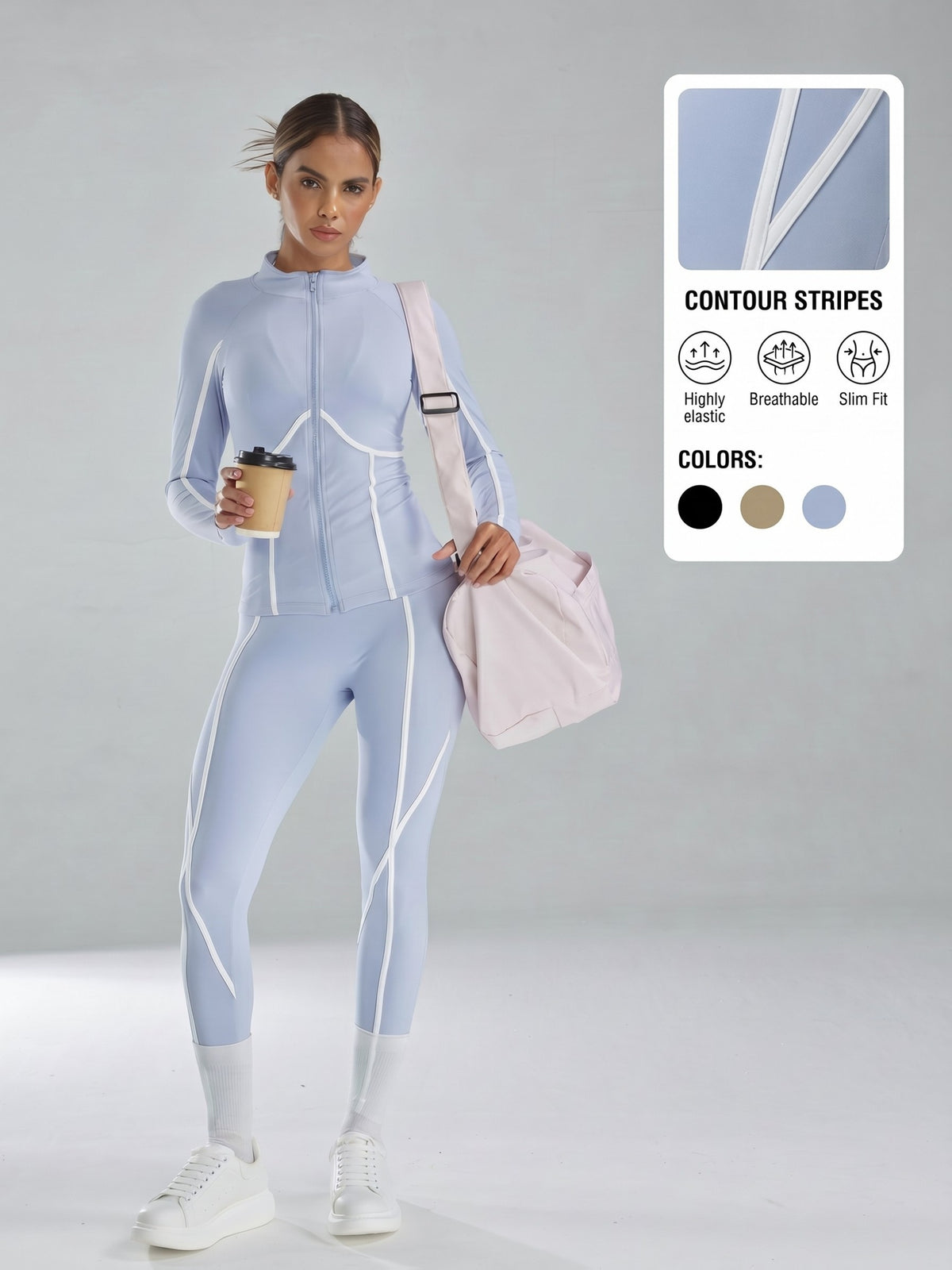 Contrast Piping Zip Jacket & Leggings Set - As Shown