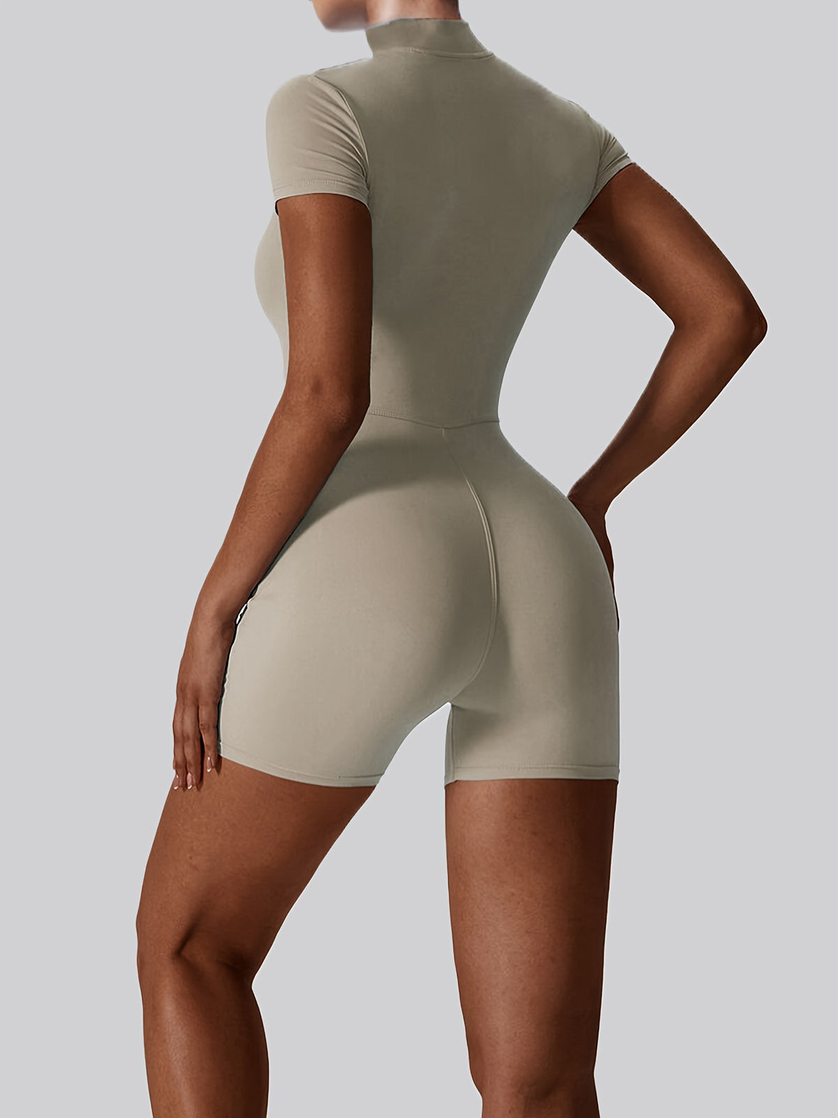 Short Sleeve Zip Front Shorts Bodysuit - Light Grey