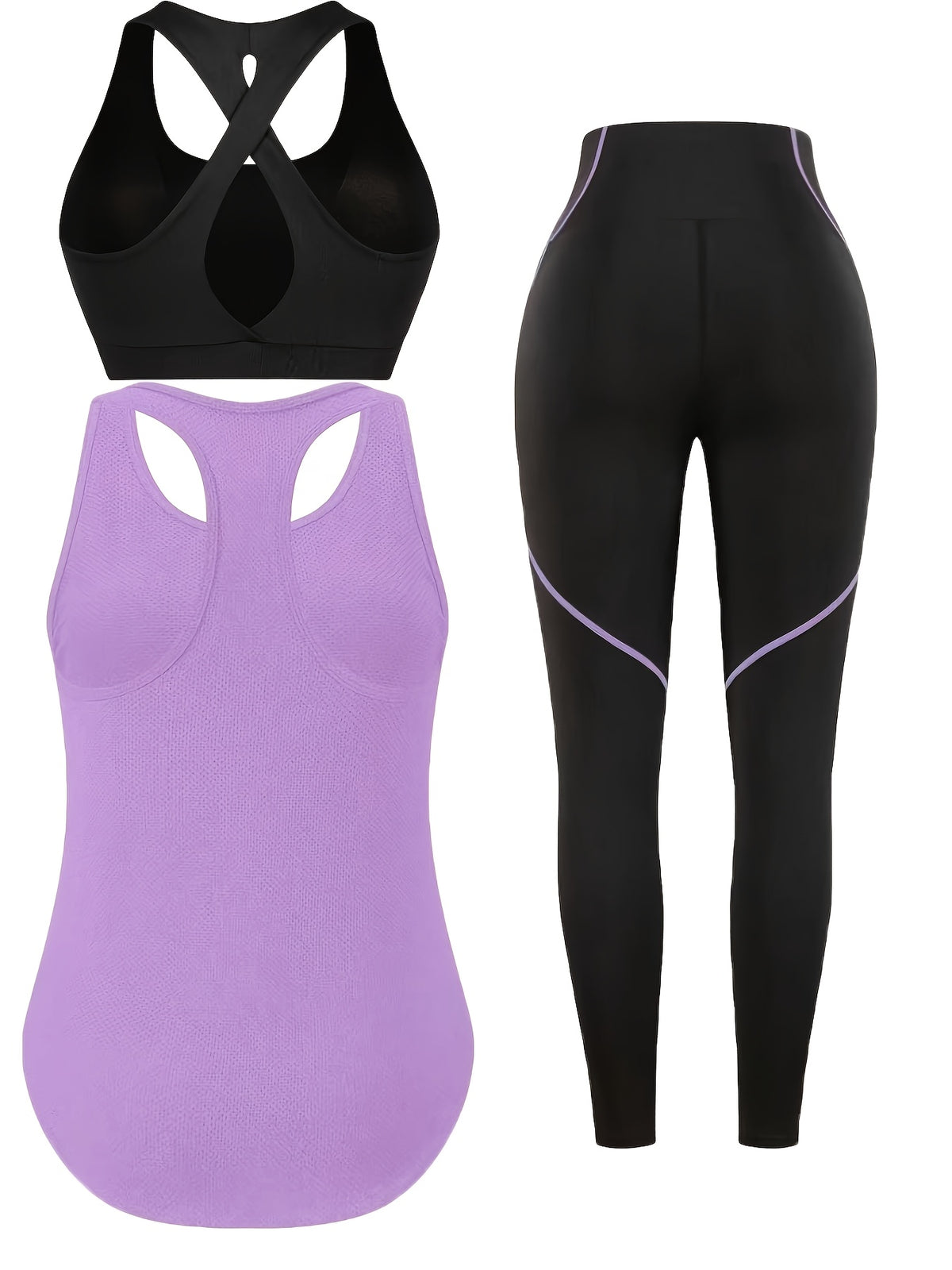 Racerback Tank, Bra & Pants 3 Piece Set - Black Purple