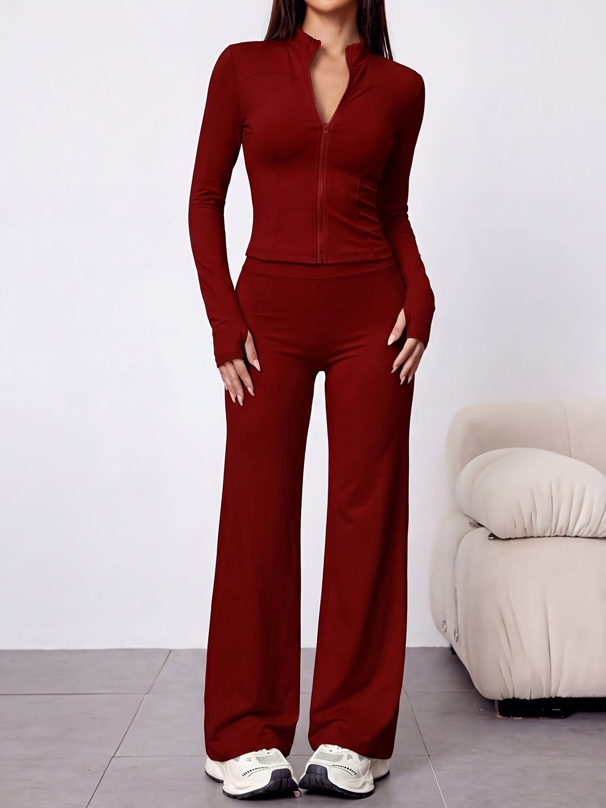 Waist Cinch Zip Jacket & Flare Pants Set - Burgundy