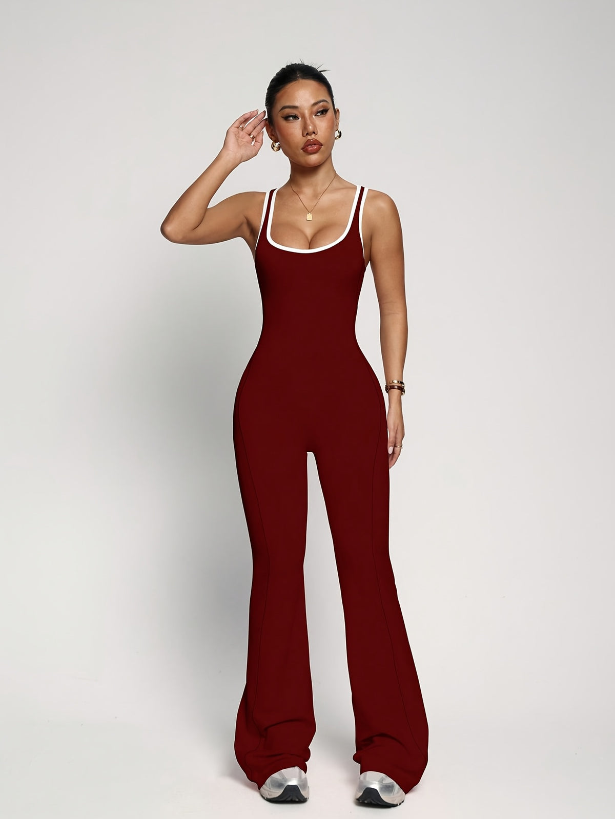 Cut Out Waist Flare Jumpsuit - Burgundy