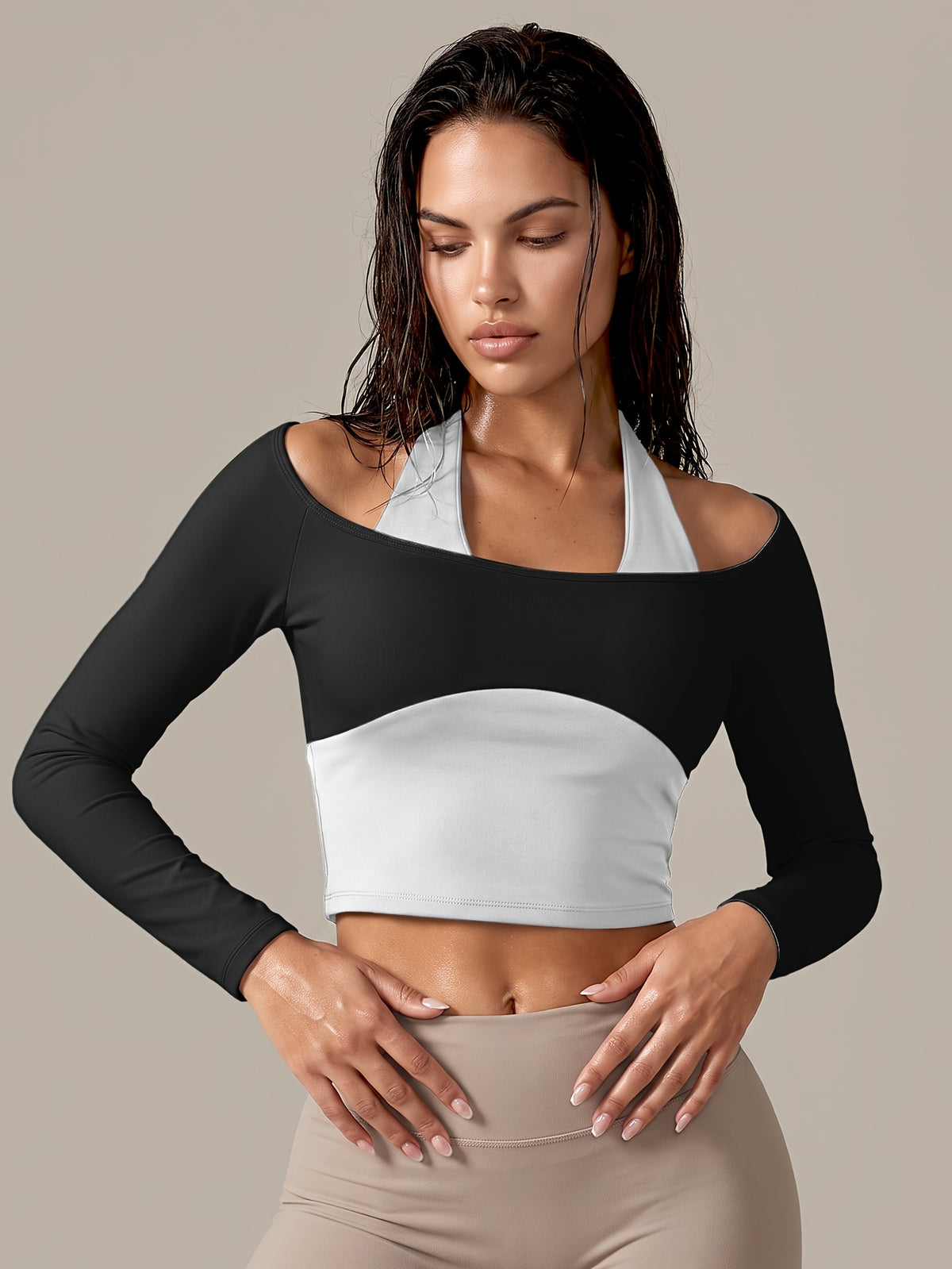 Faux Two-Piece Halter Color Block Top - Black
