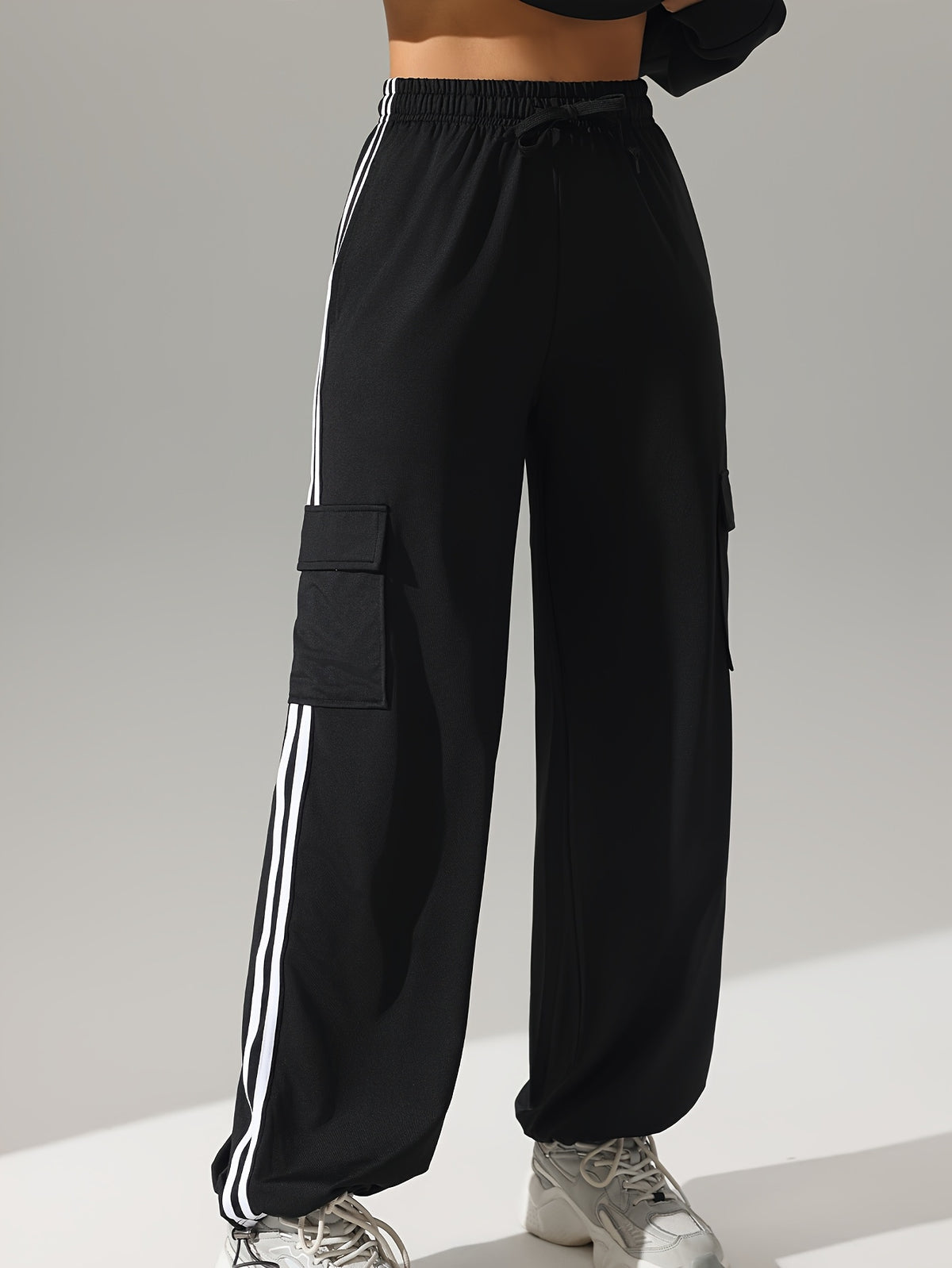 Side Stripe Drawstring Tapered Joggers - Black