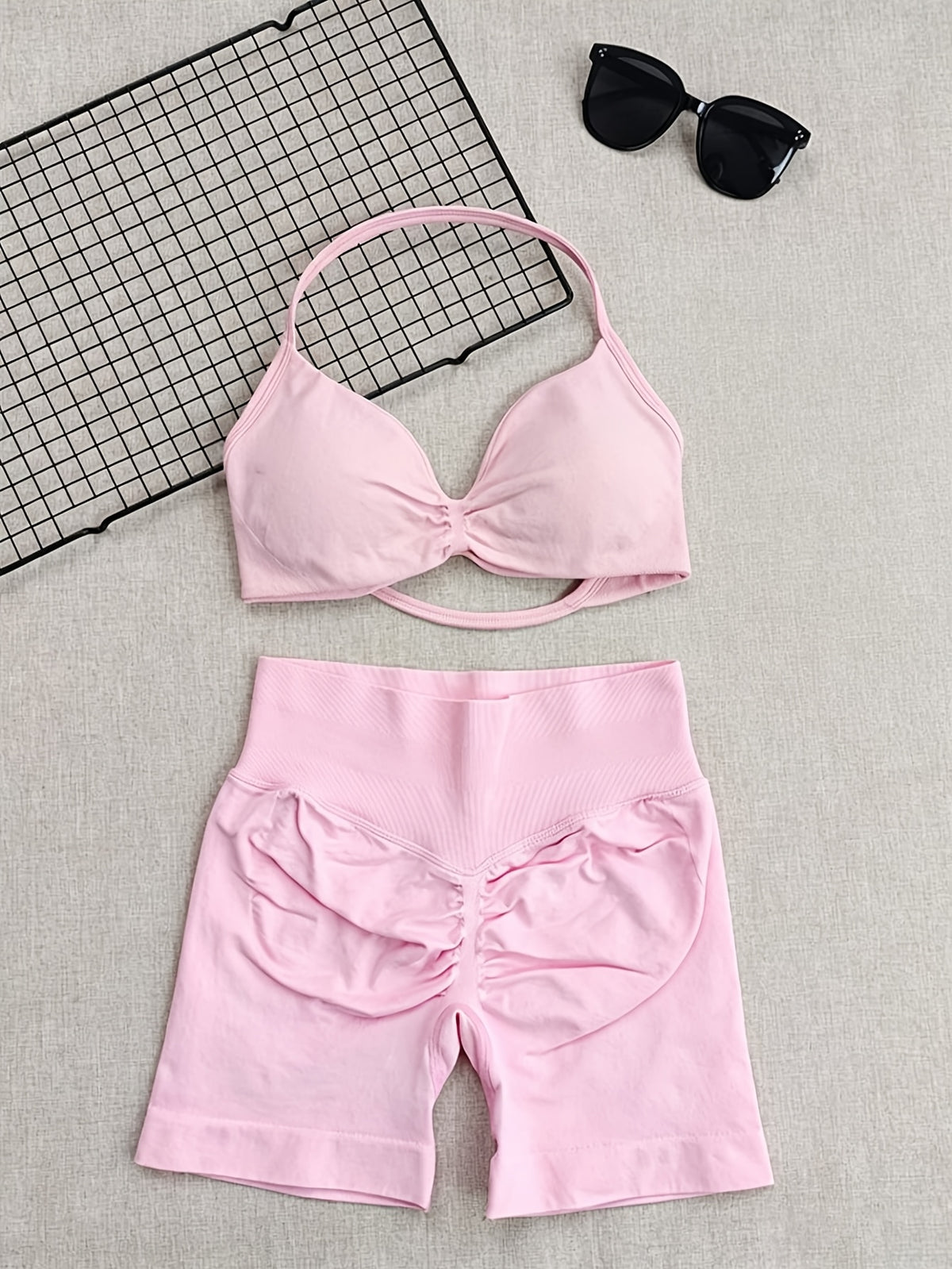 Halter Neck Bra & Hip Lift Shorts Set - Hot Pink