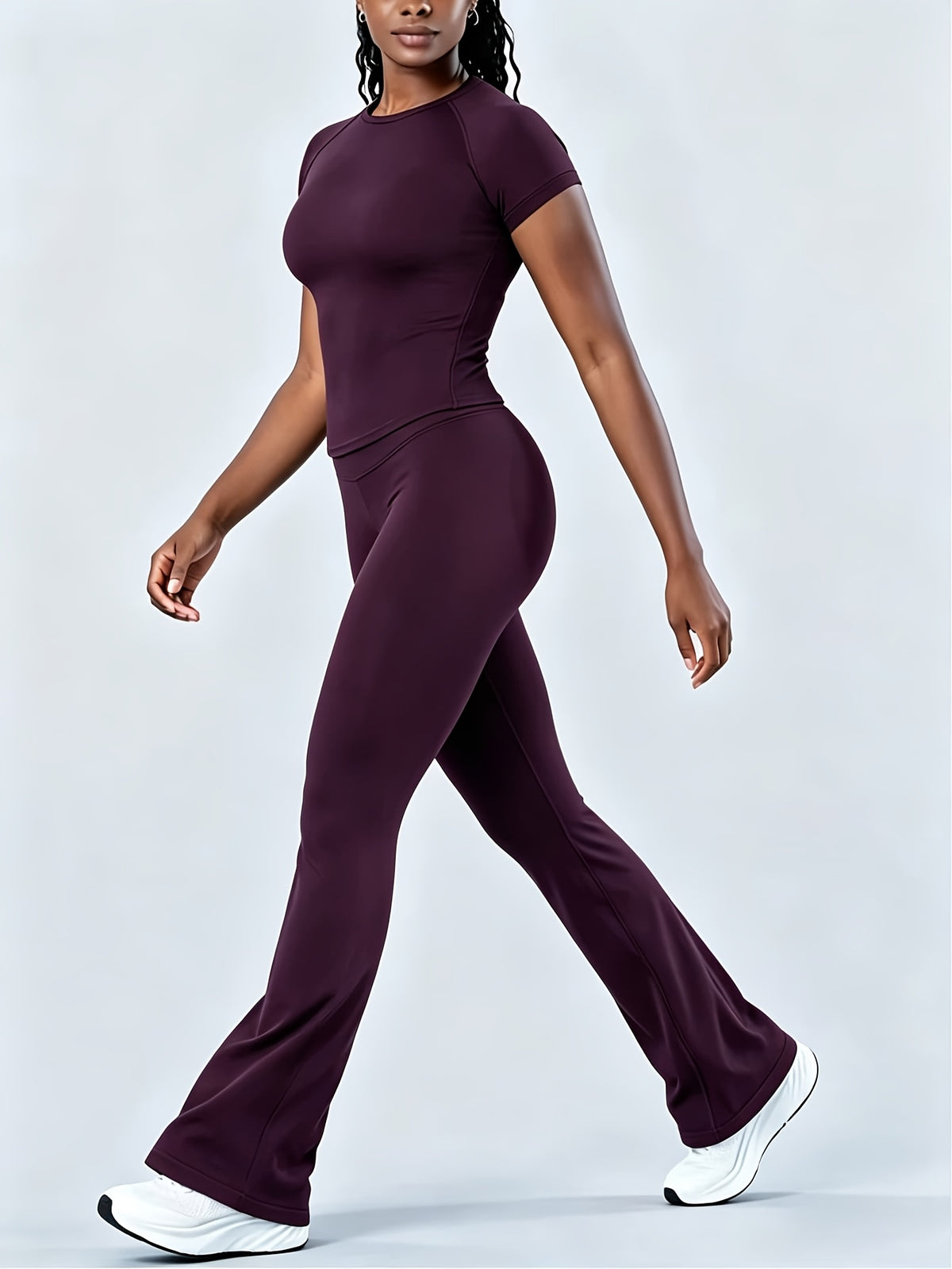 Short Sleeve Tee & Bell Bottom Pants Set - Deep Purple