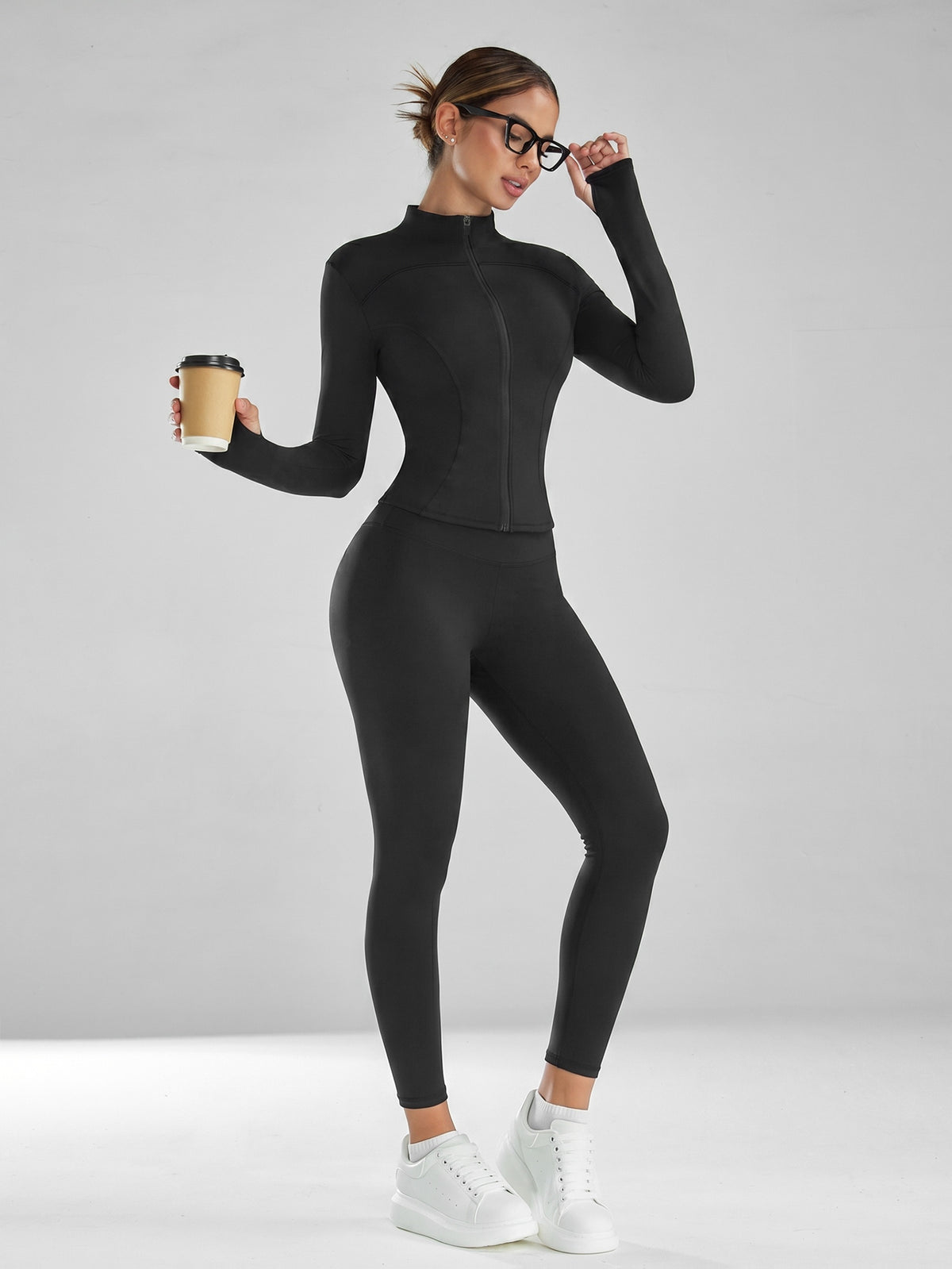 Mock Neck Track Jacket & Leggings Set - Black