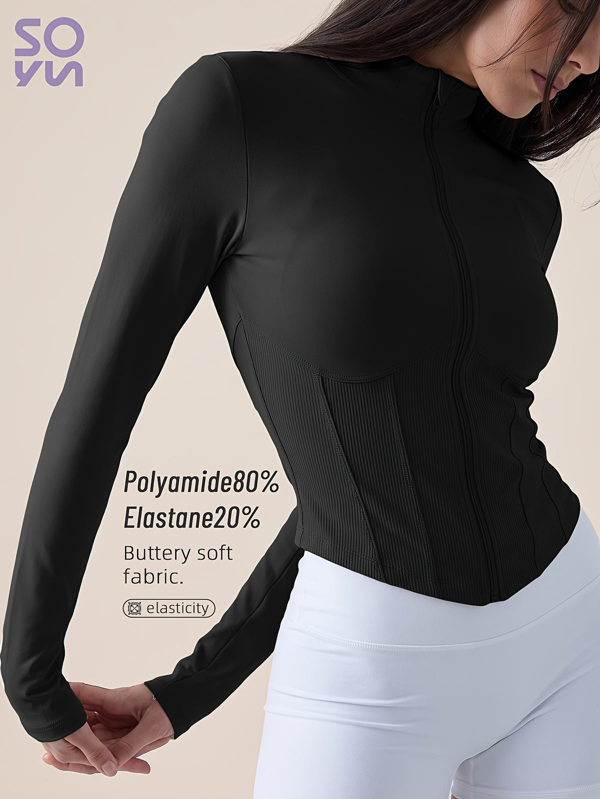 Curved Hem Stand Collar Zip Jacket - Black