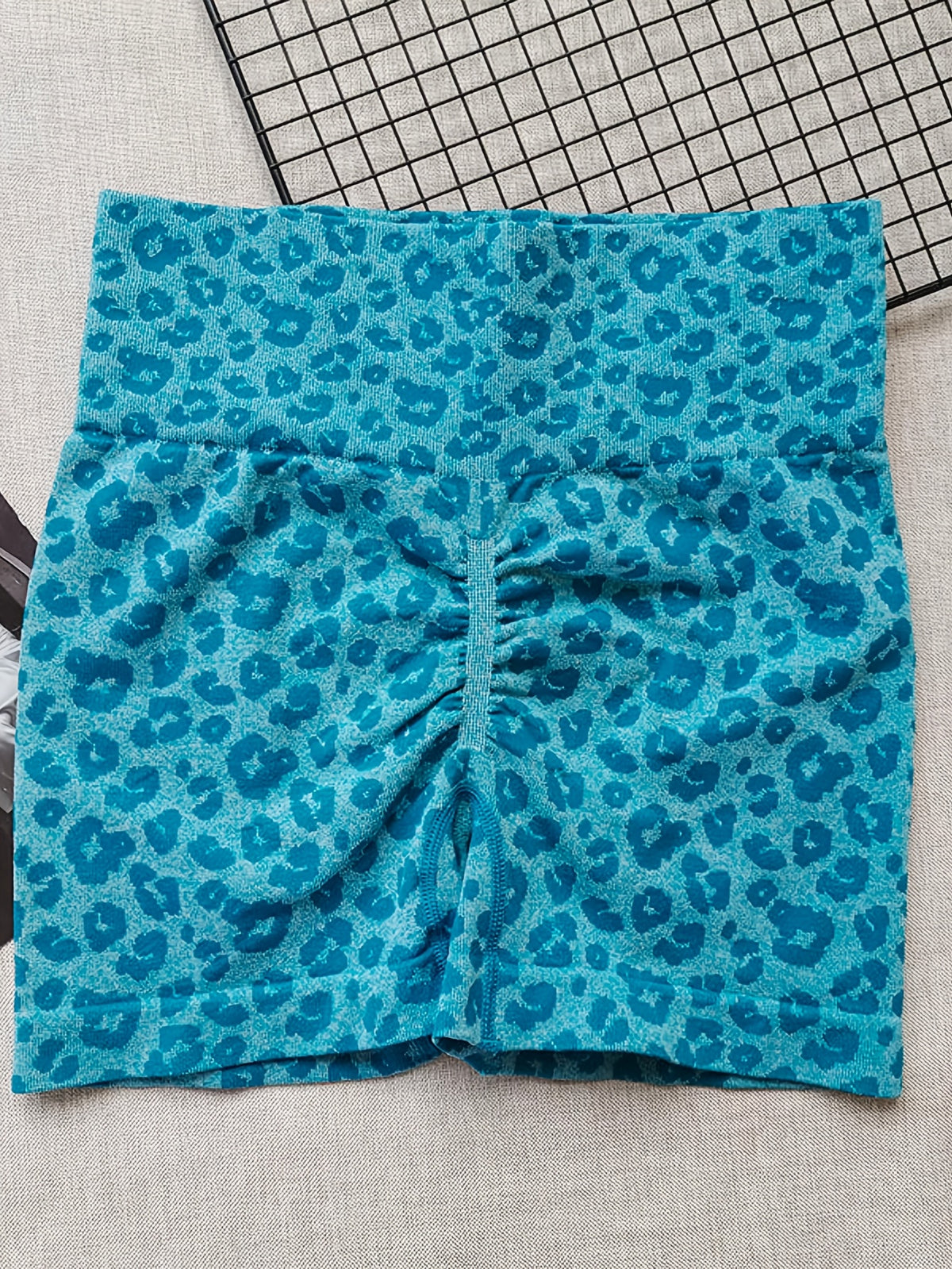 High Waist Spotted Leopard Seamless Shorts - Peacock Blue