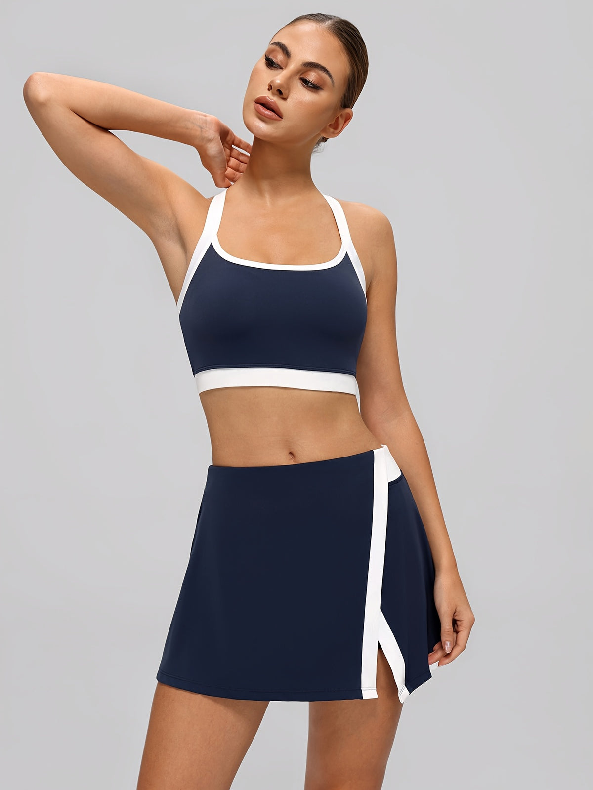 Tennis Bra & Slit Skirt Set - Navy