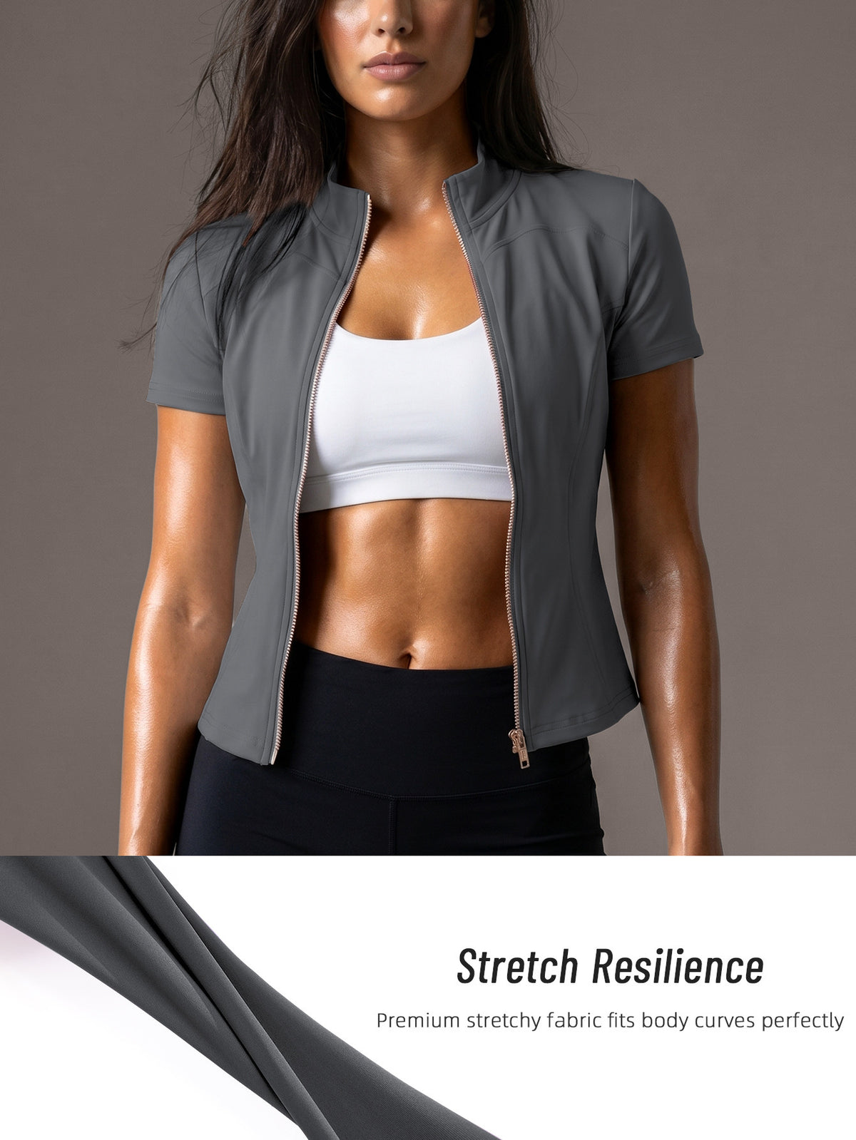 Short Sleeve Stand Collar Zip Jacket - Grey