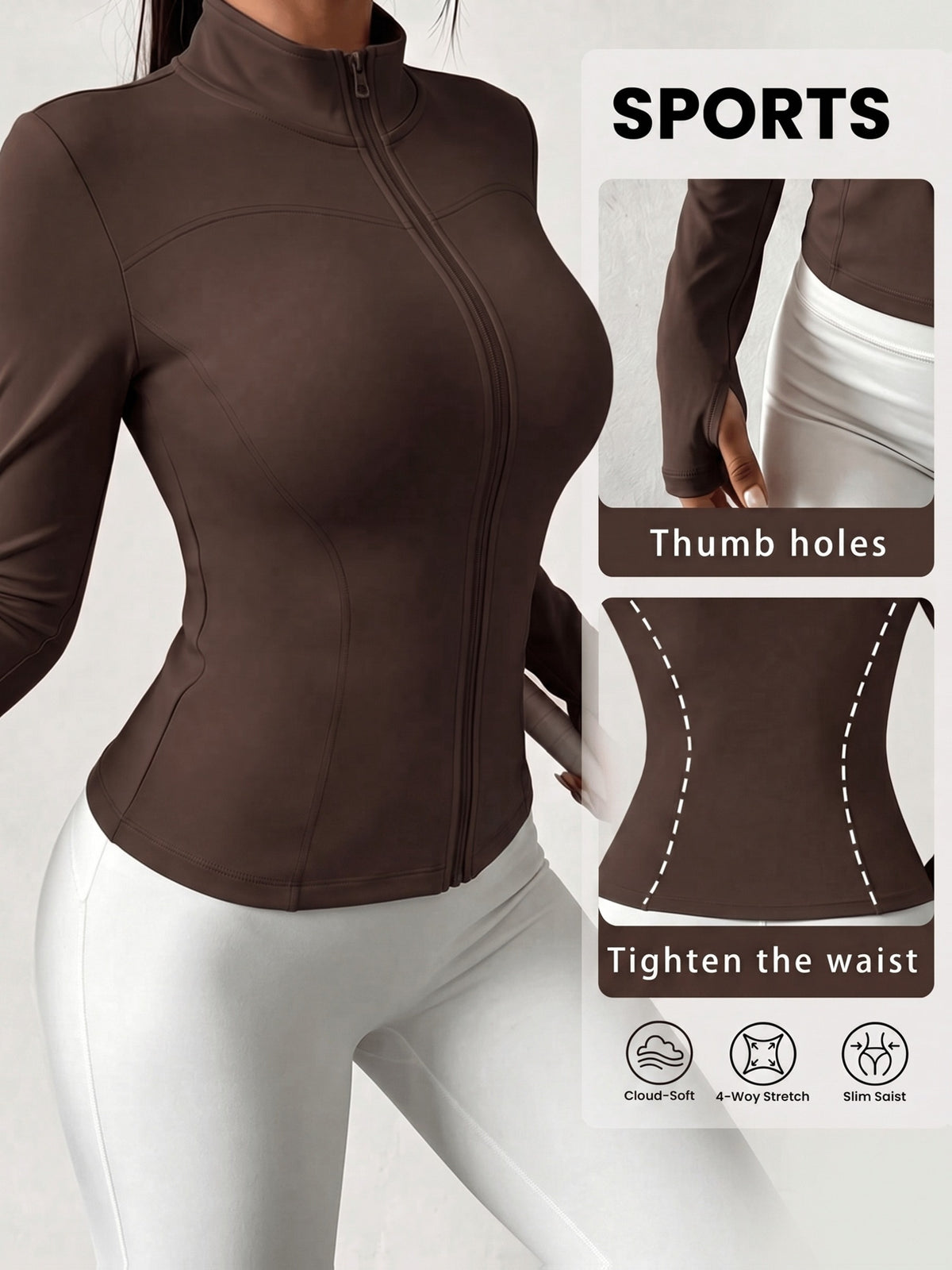 High Neck Thumbhole Zip Jacket - Coffee