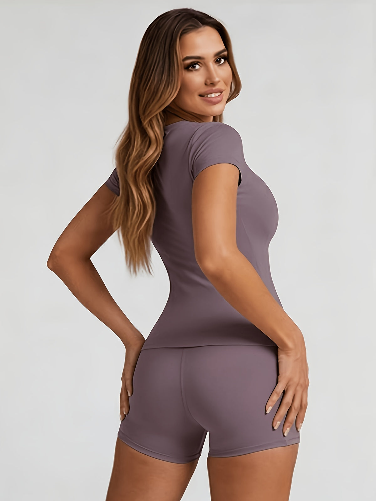 Tummy Control Top & Pocket Shorts Set - Eggplant Purple