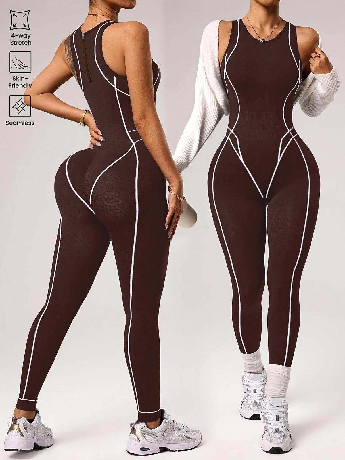 Back Zip Contour Line Jumpsuit - Dark Brown