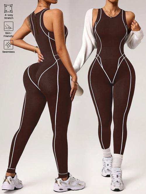 Back Zip Contour Line Jumpsuit - Dark Brown