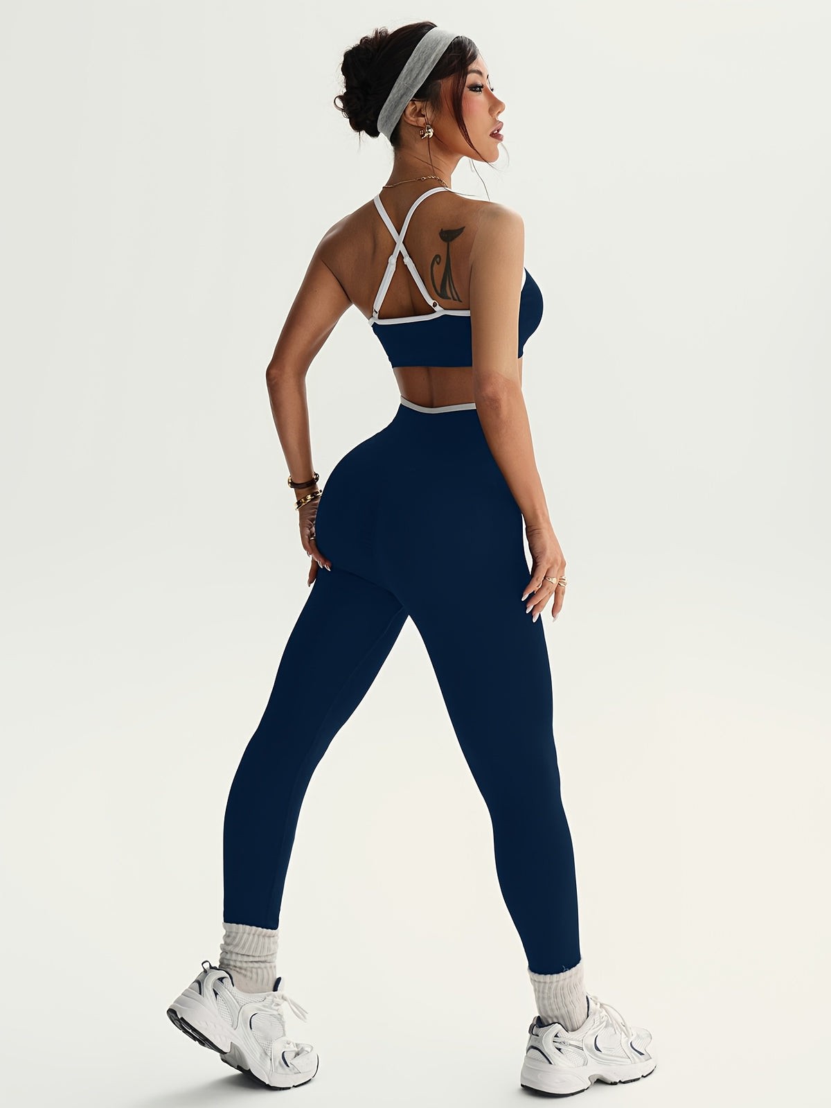 Cross Back Bra & Leggings Set - Purplish Blue