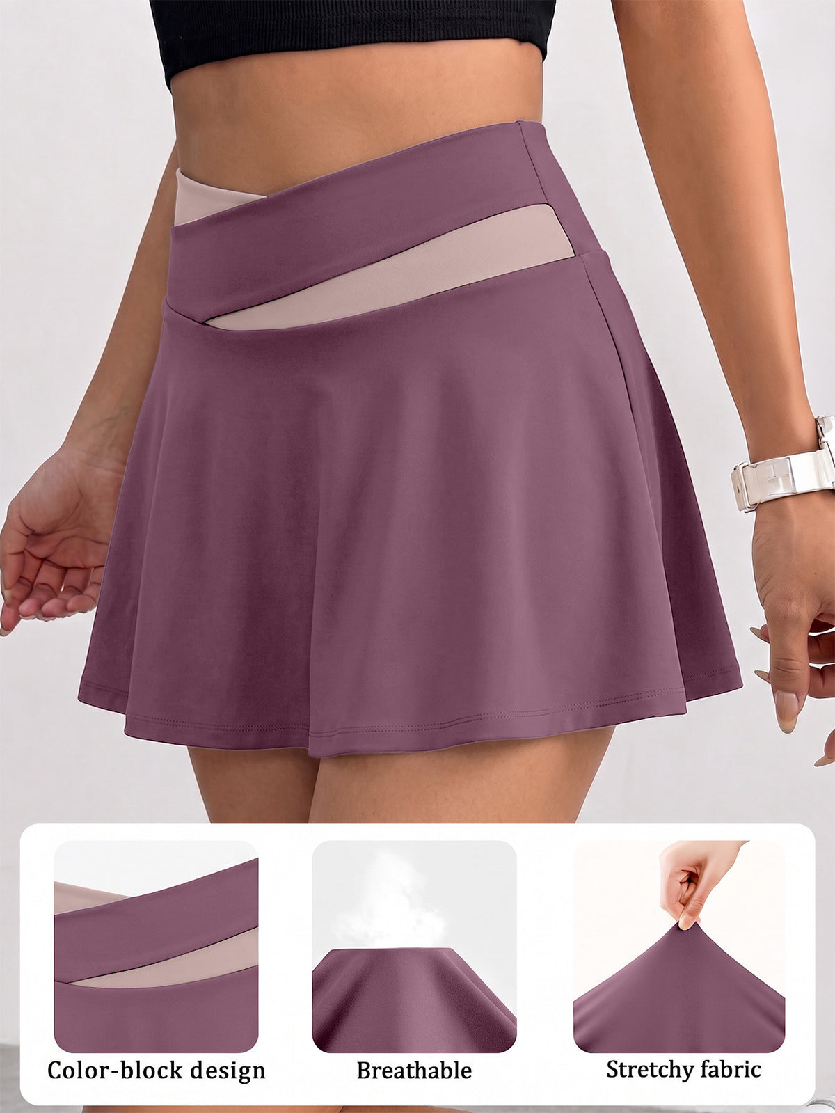 Cross Waist Color Block Tennis Skirt - Fuchsia