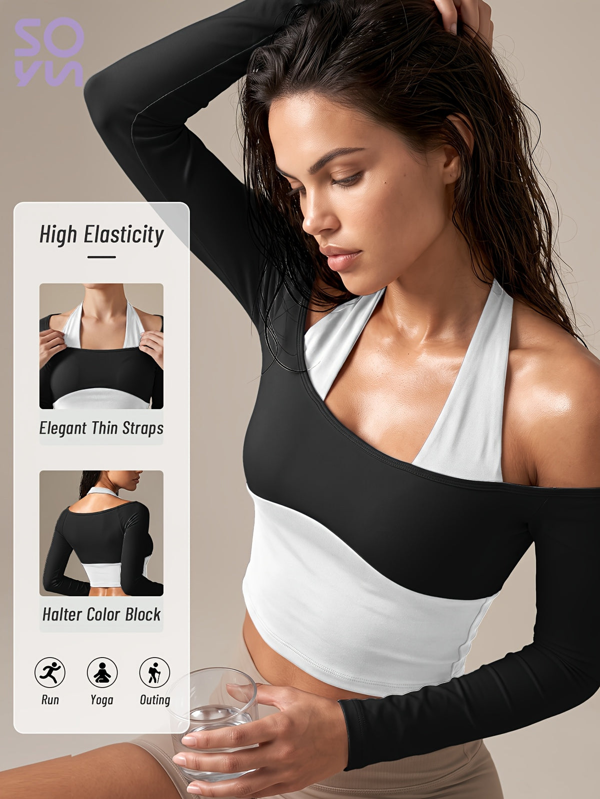Faux Two-Piece Halter Color Block Top - Black