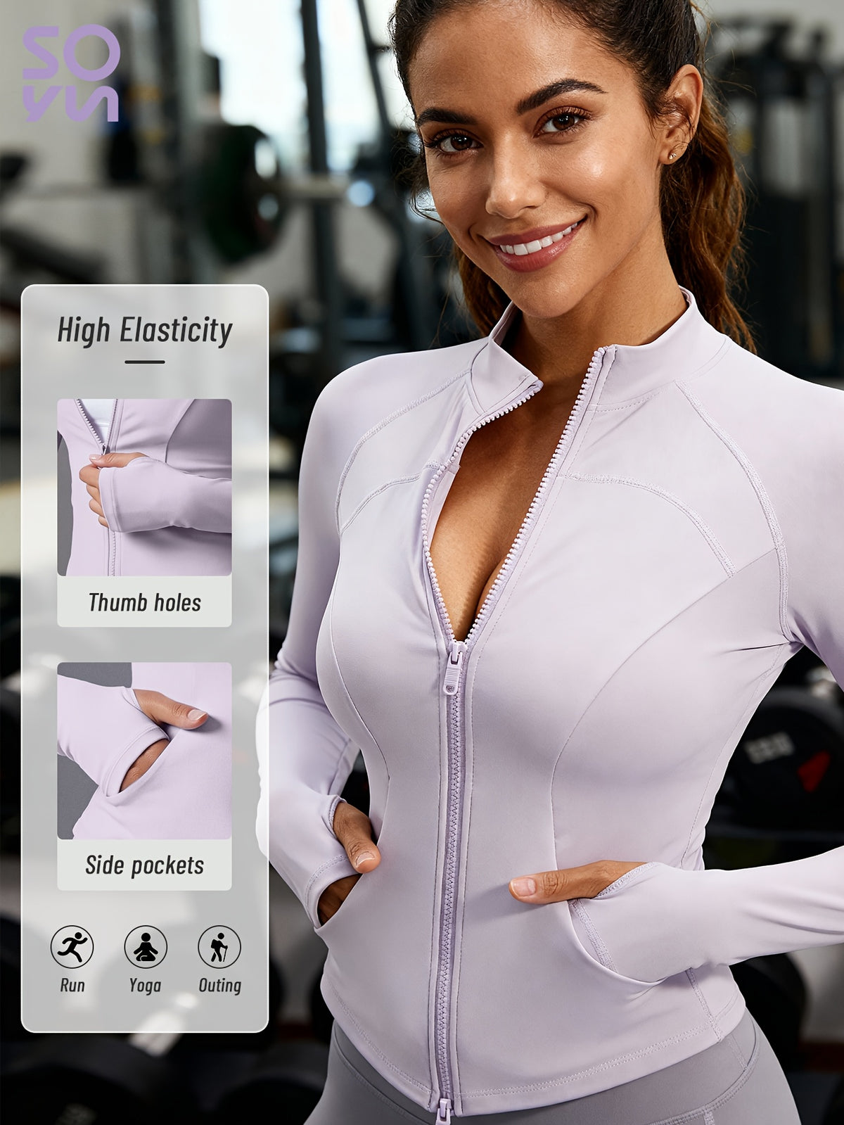 Pocket Solid Running Sports Jacket - Light Purple