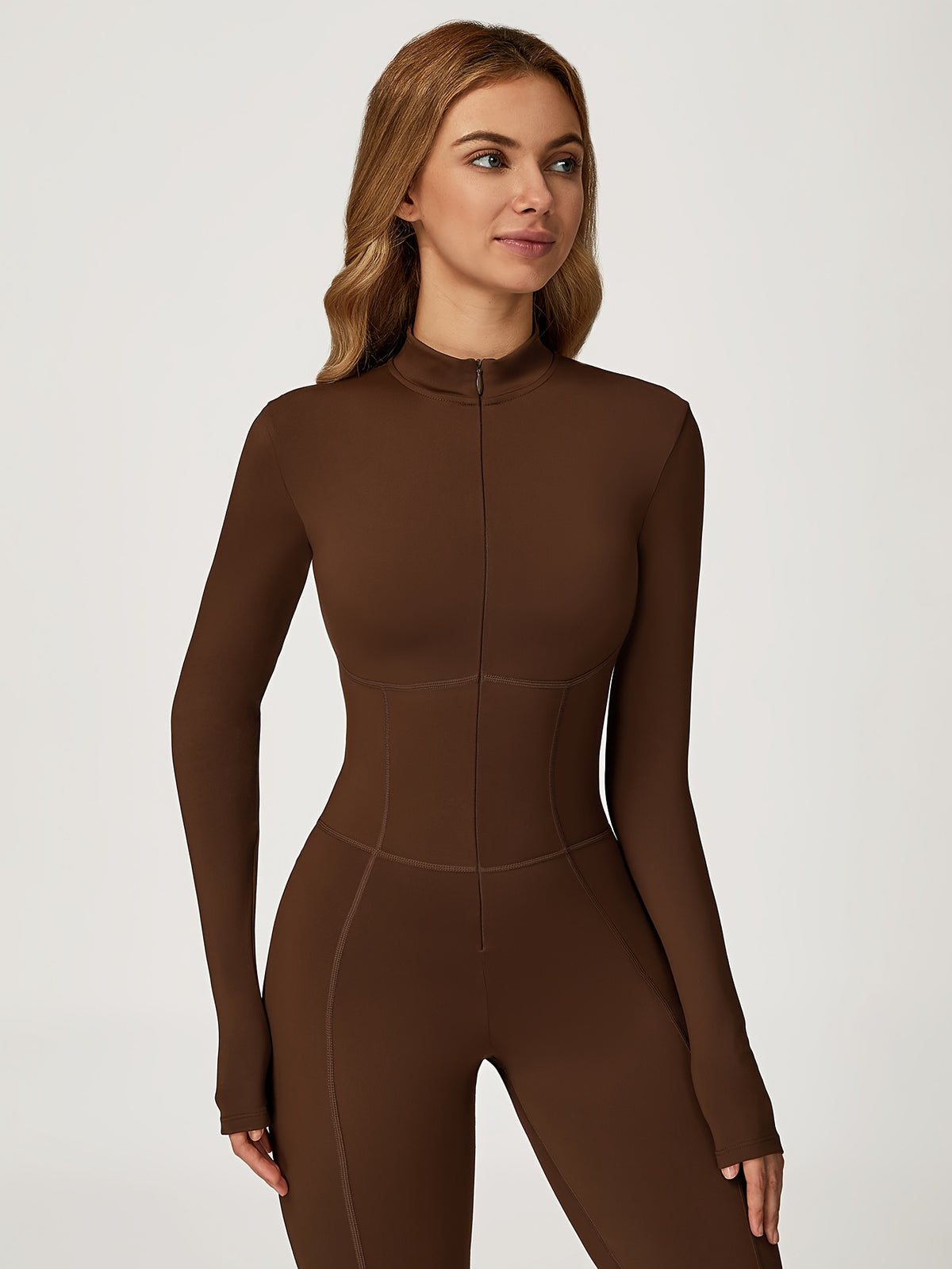 Zip Front Fitted Bodysuit - Coffee