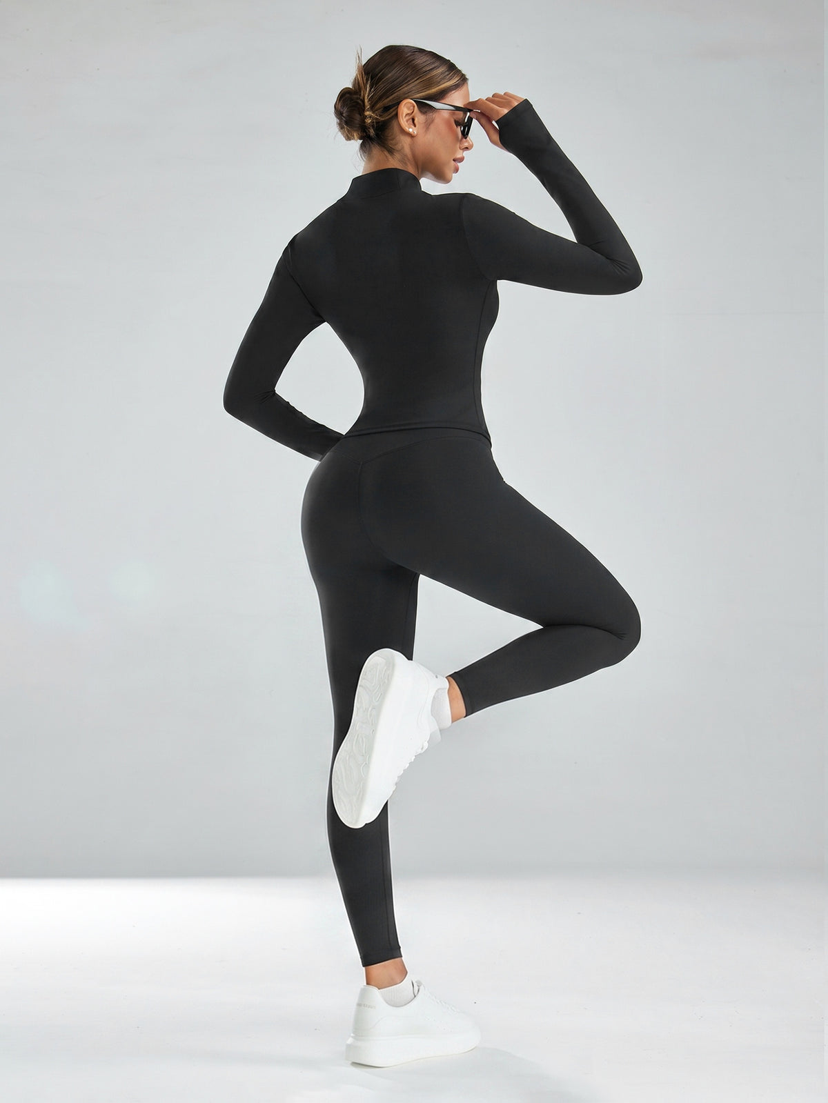 Mock Neck Track Jacket & Leggings Set - Black