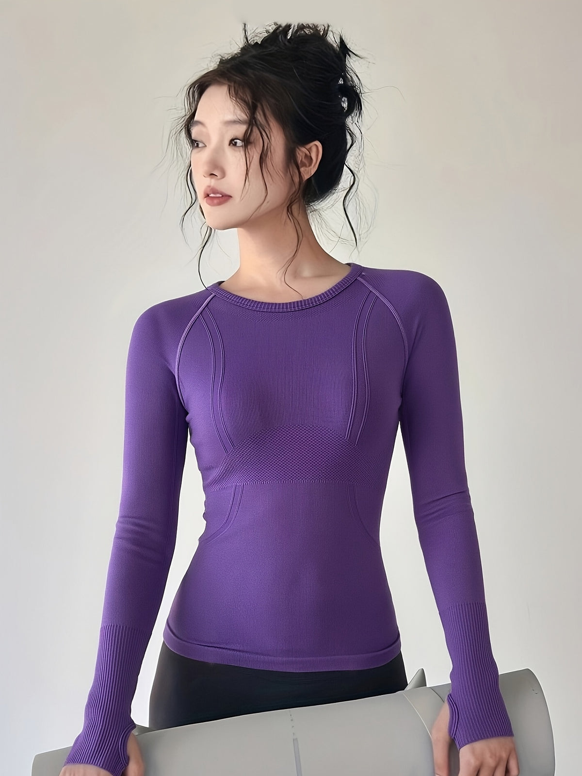 Seamless Round Neck Long Sleeve Yoga Top - Dark Violet