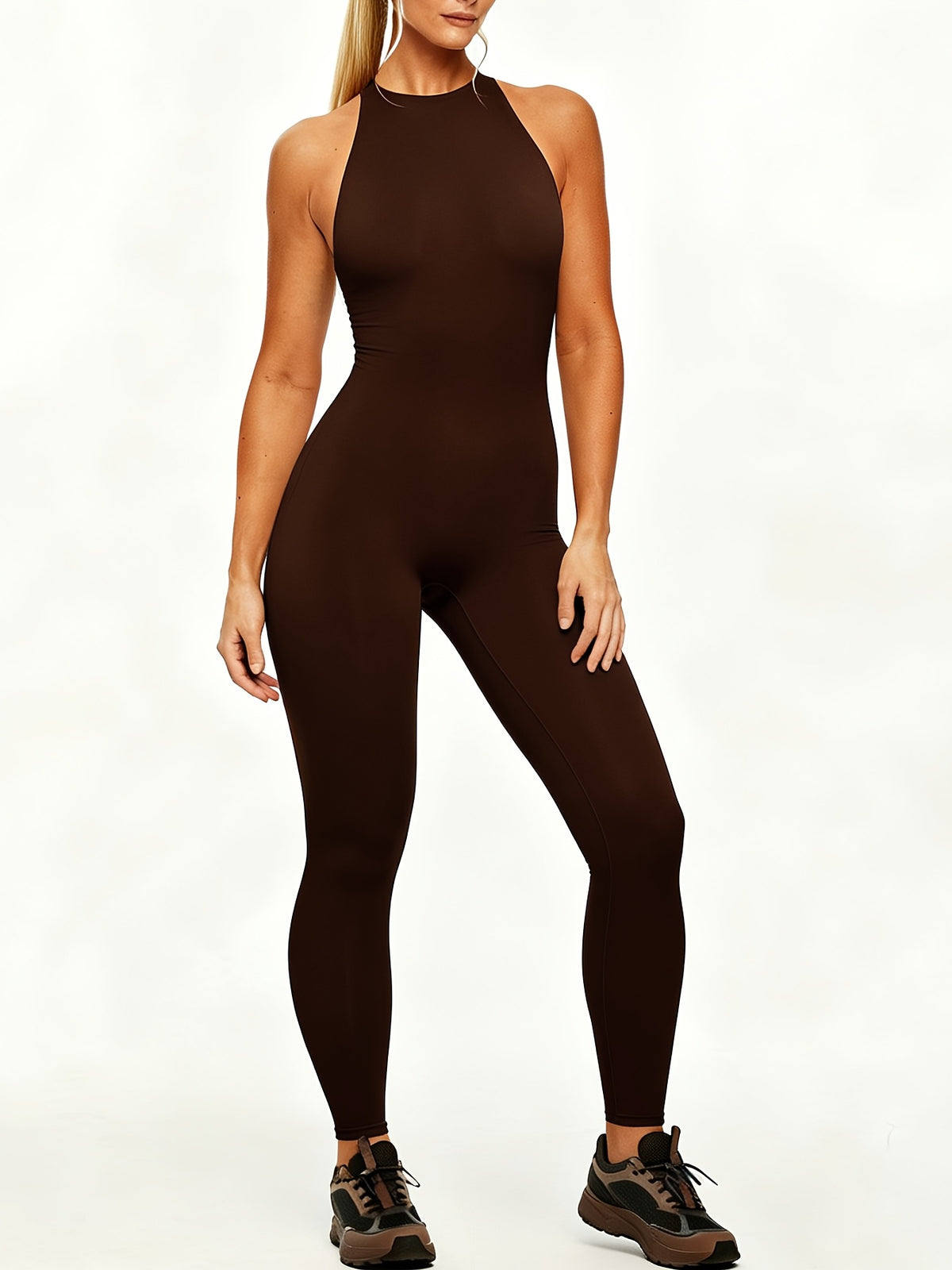 Sleeveless Back Zip Jumpsuit - Coffee