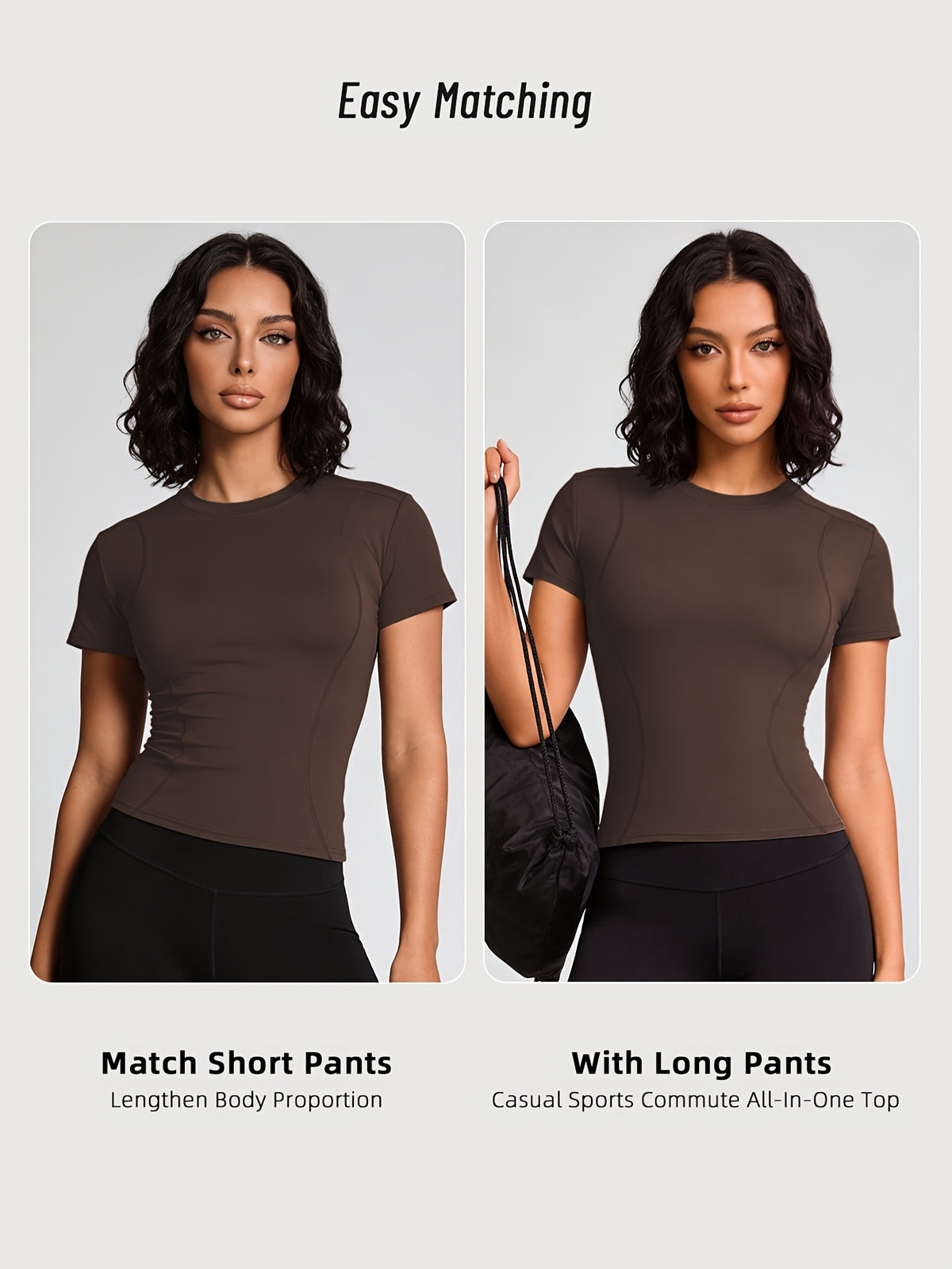 Quick-Dry Round Neck Yoga Tee - Coffee