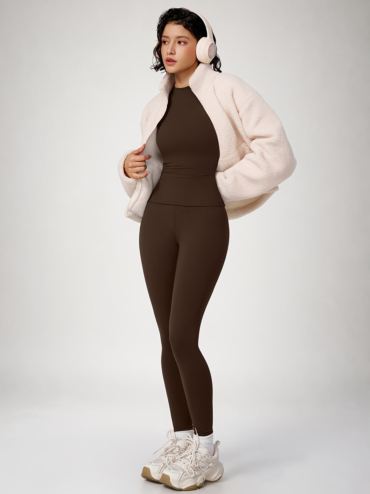 Crew Neck Crop Tee & Leggings Set - Espresso