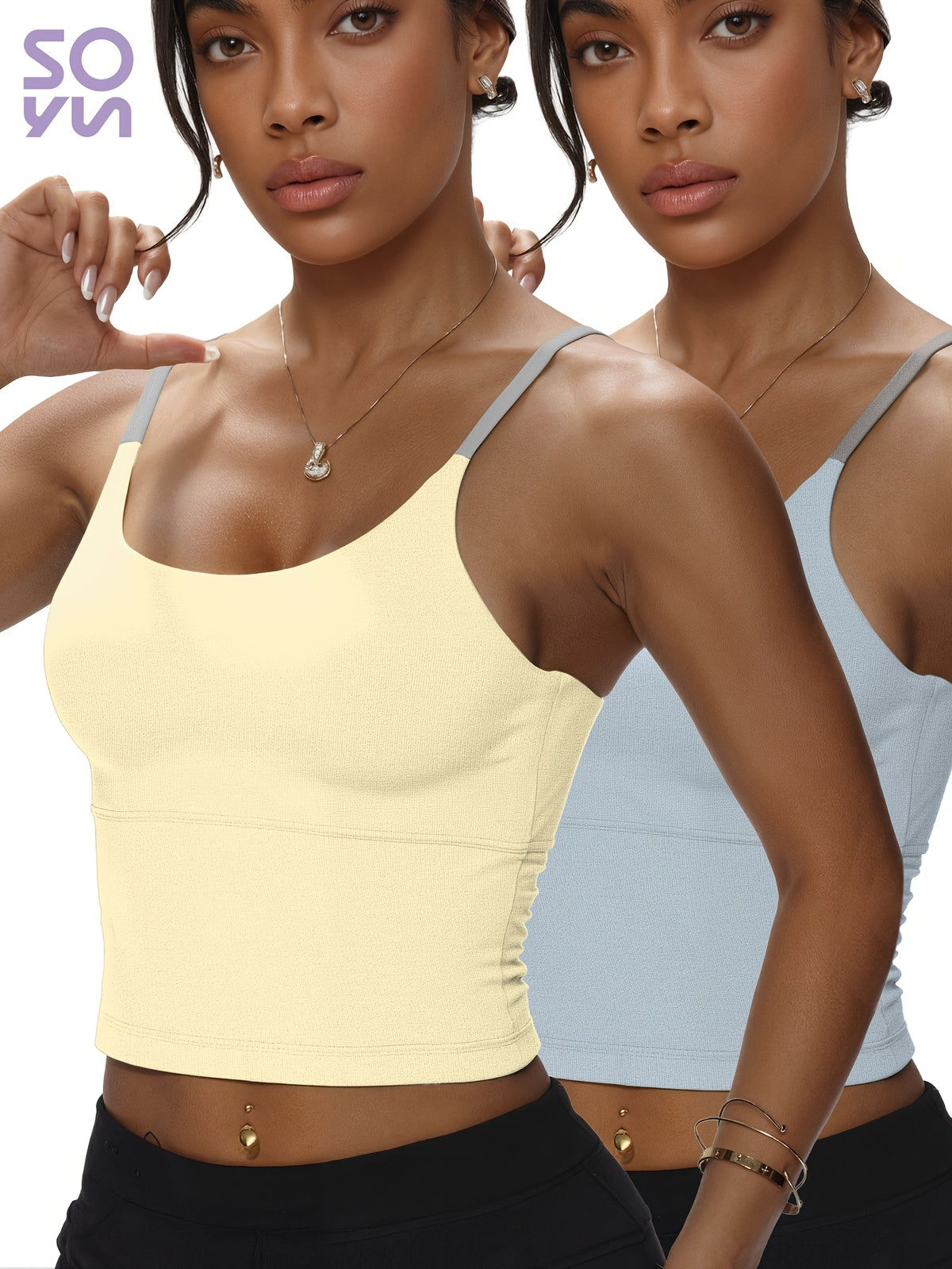 2 Pack Color Block Padded Tank Tops - Yellow & Blue