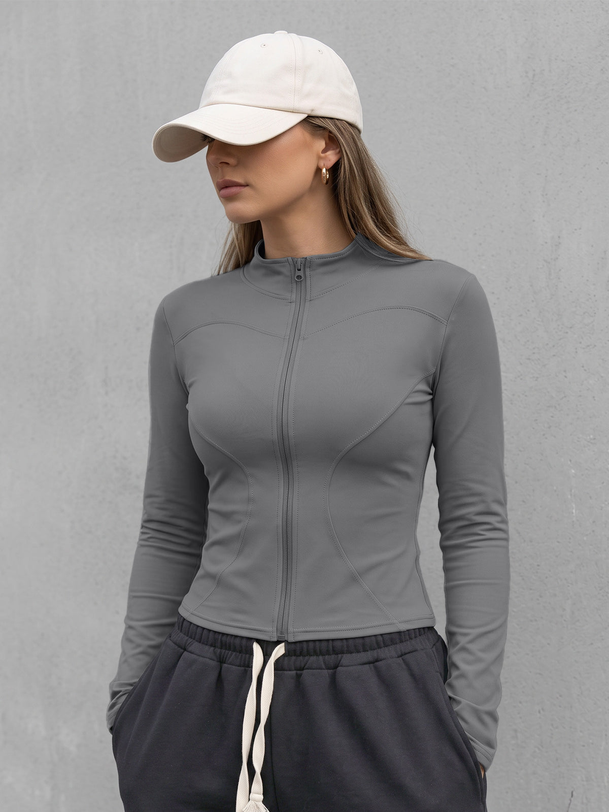 Thumbhole Stand Collar Zip Jacket - Grey